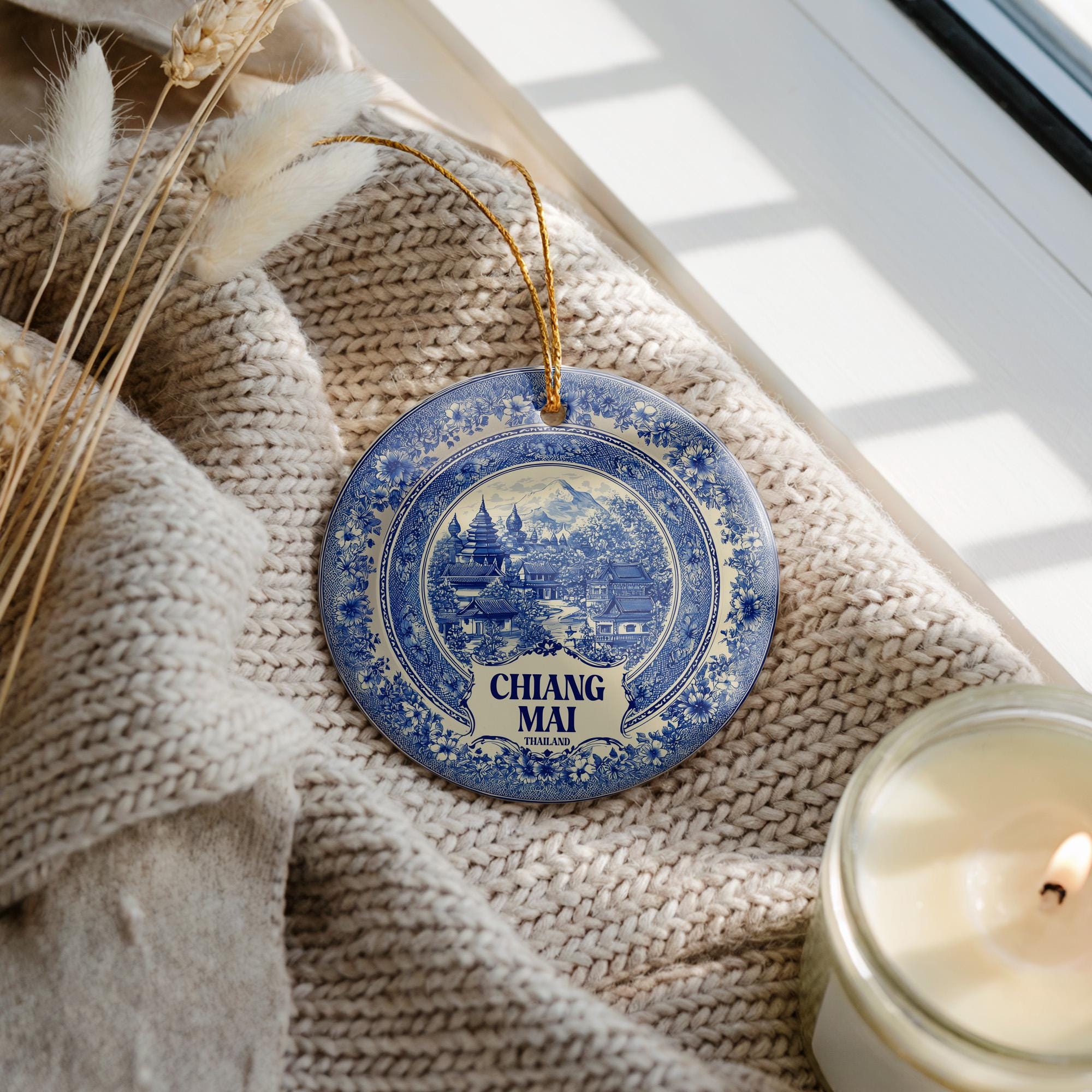 Custom Chiang Mai Thailand Ceramic Delft Ornament, Christmas Delftware Blue Delftware city travel