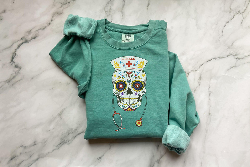 Halloween Nurse Skull Sweatshirt, Spooky RN Day of the Dead Top, Gothic Medical Fall Pullover, Retro Skeleton Apparel, Gift for Nurse