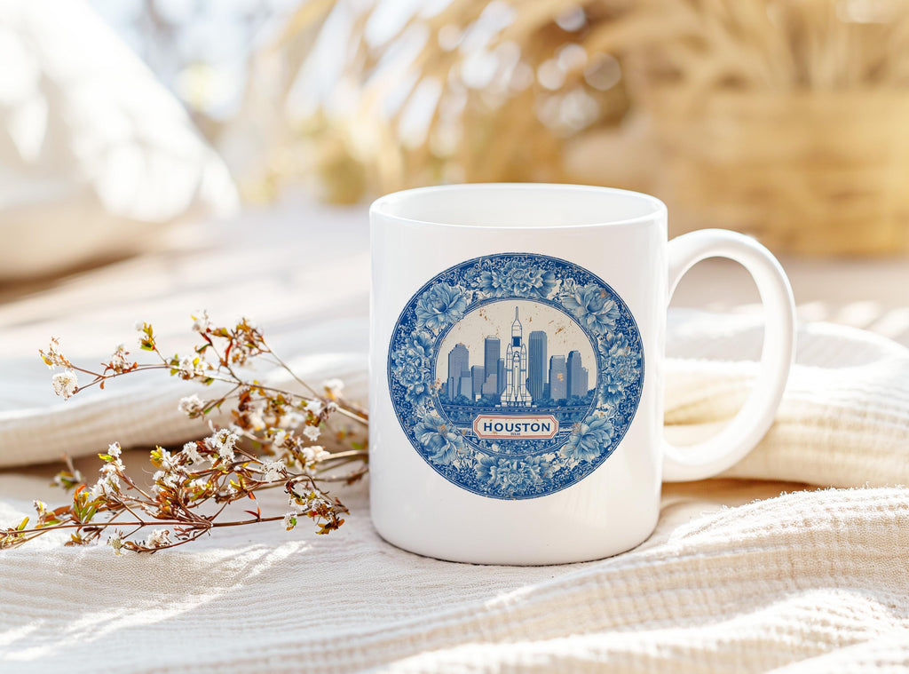 Houston Texas Mug, Custom Delft Style cup, Personalized Vintage Travel City Gift