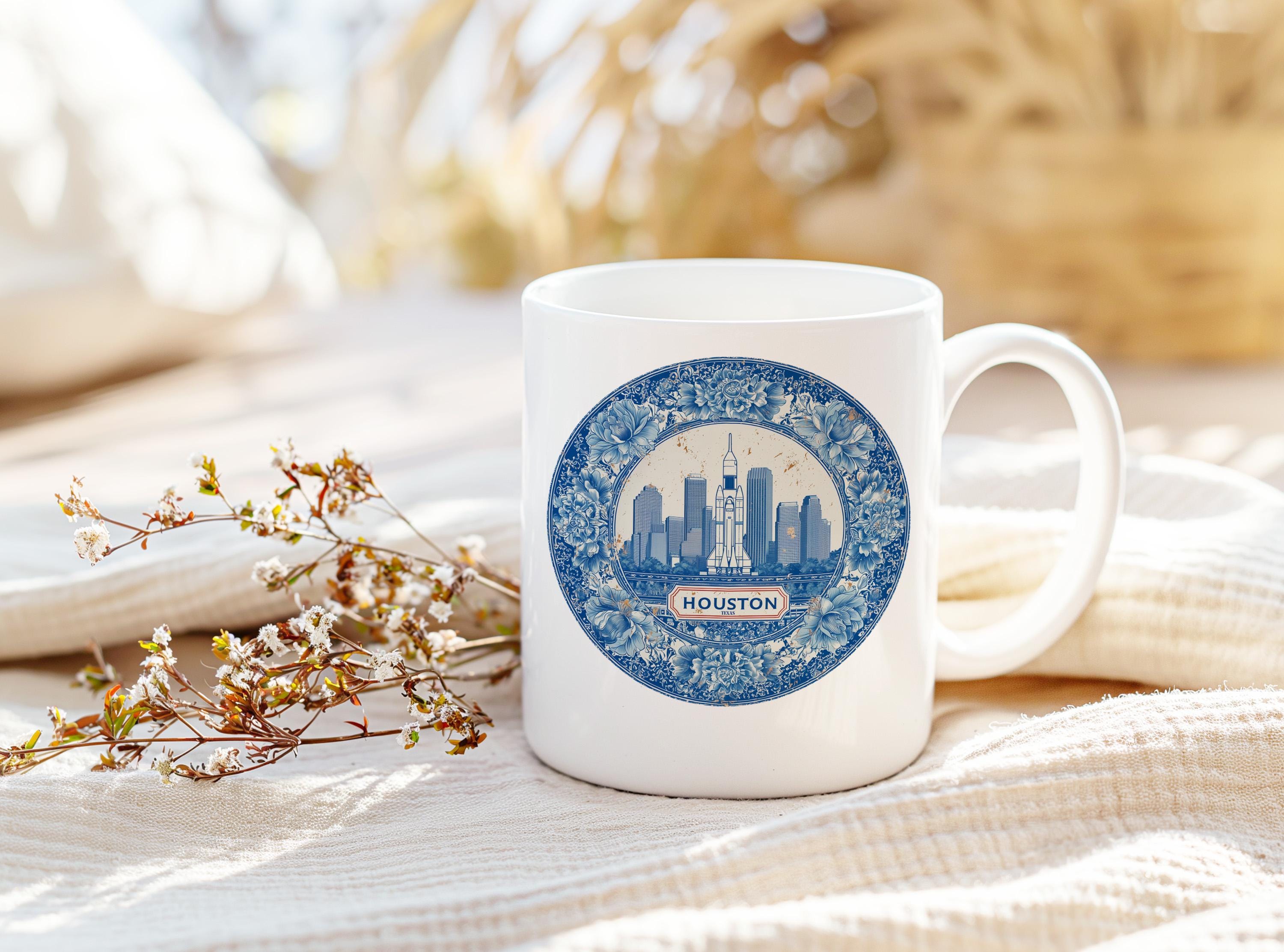 Houston Texas Mug, Custom Delft Style cup, Personalized Vintage Travel City Gift