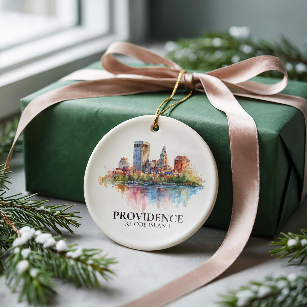 Providence Rhode Island Personalized Watercolor Ornament, Custom Ceramic Christmas gift, Travel Keepsake