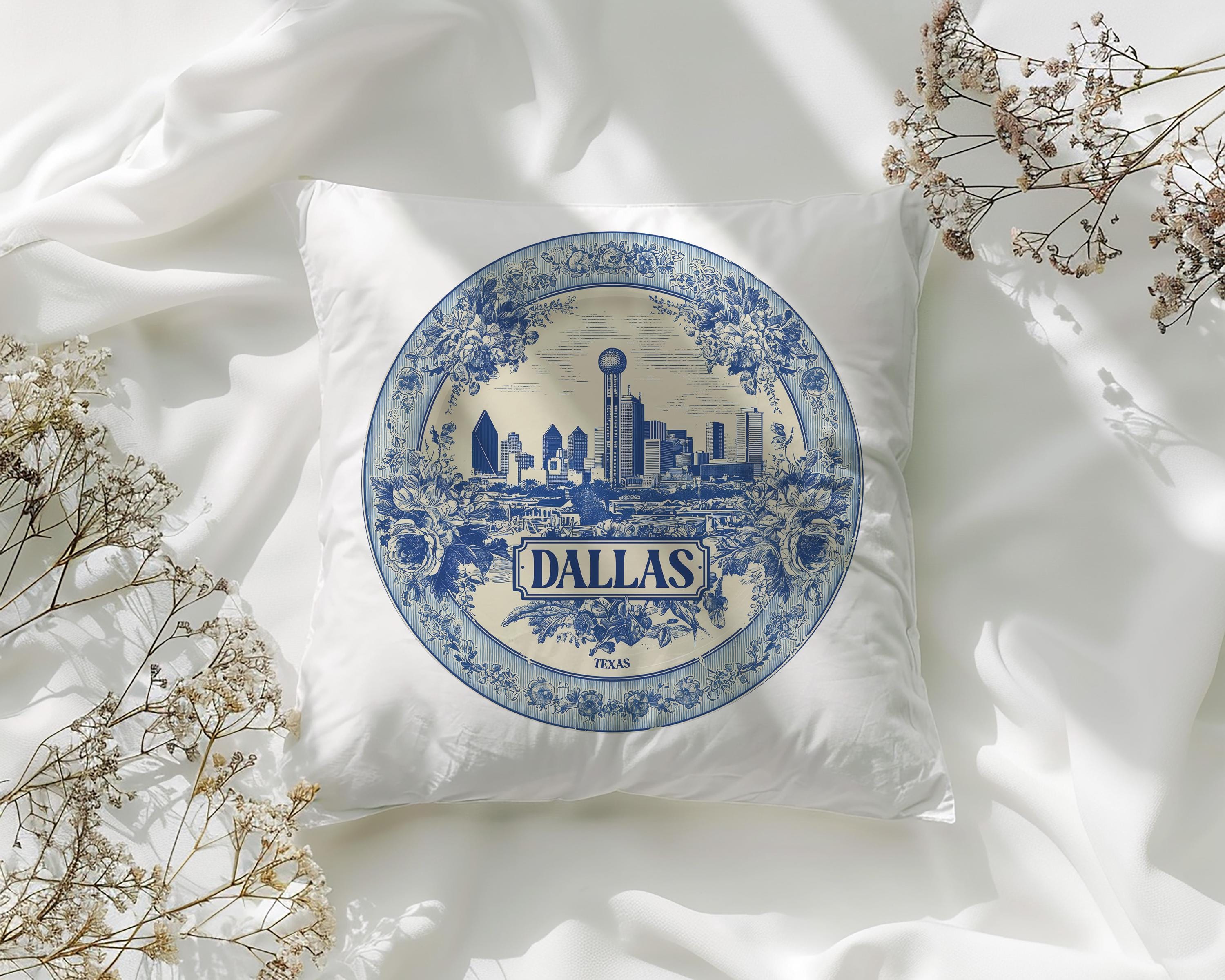 Dallas Texas Pillowcase, Delft Style Decorative Throw Pillow, Vintage Cityscape Retro Home Decor