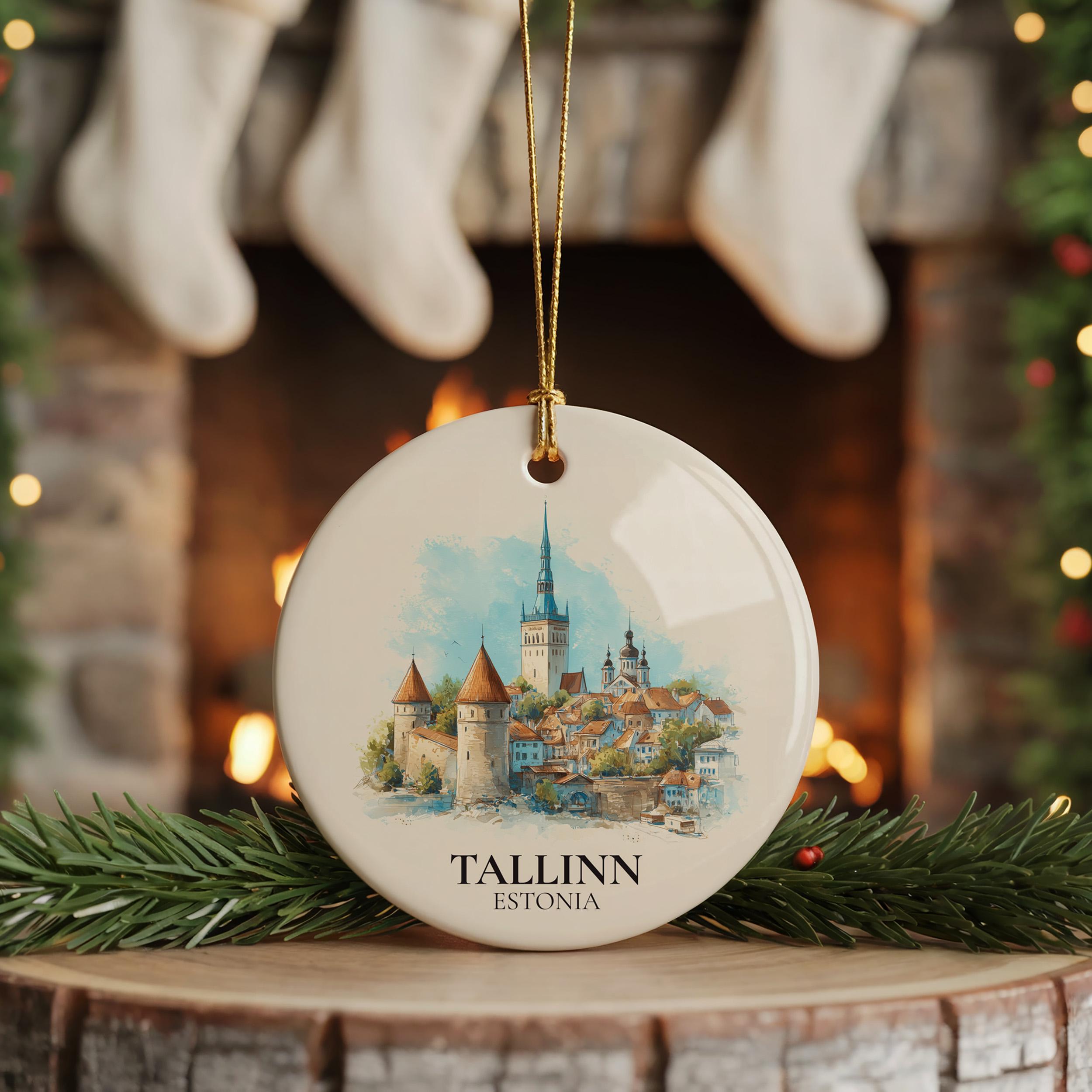 Tallinn Estonia Custom Watercolor Ornament, Personalized Ceramic Christmas gift, Travel Keepsake
