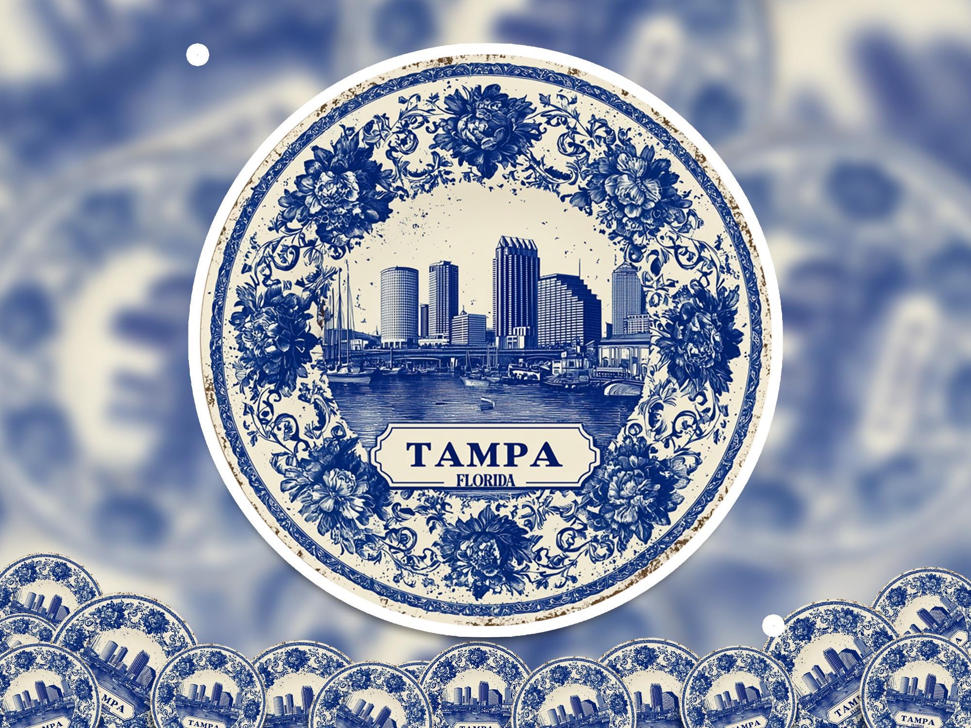 Tampa Florida Sticker Vintage Delft style, Delftware Decal Waterproof Vinyl, Blue City Travel