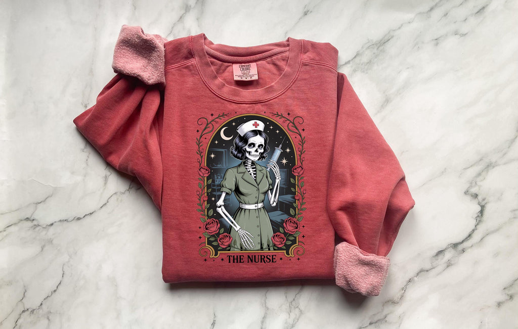 Gothic Nurse Halloween Sweatshirt, Spooky Tarot Card Skeleton RN Pullover, Retro Witchy Medical Apparel, Creepy Fall Top, Gift for Nurse