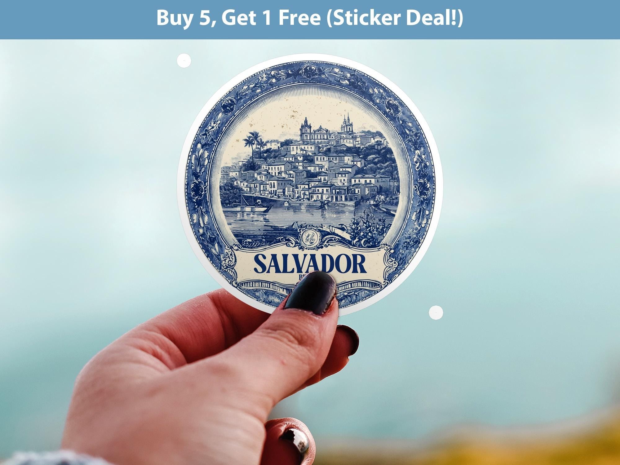 Salvador Brazil Sticker Vintage Delft style, Delftware Decal Waterproof Vinyl, Blue City Travel