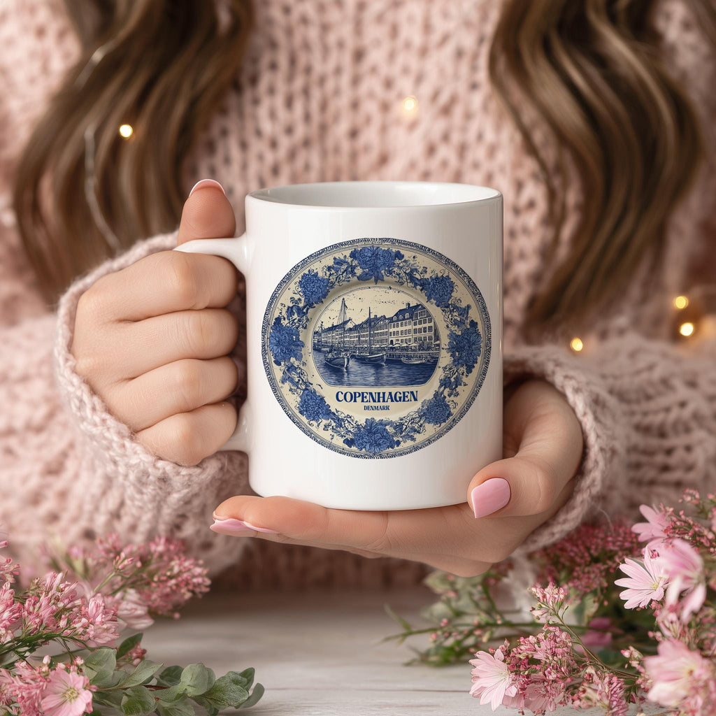 Copenhagen Denmark Mug, Custom Delft Style cup, Personalized Vintage Travel City Gift