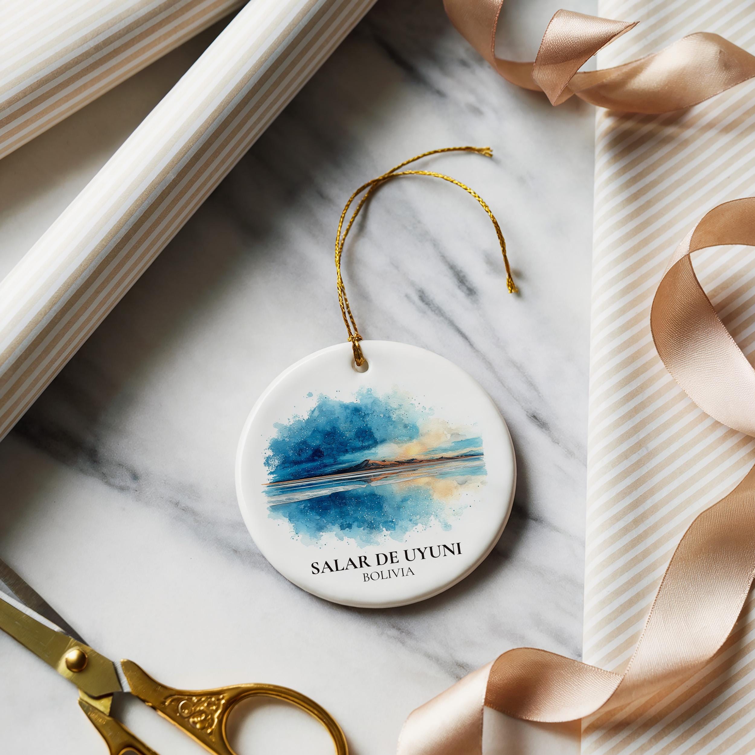 Salar de Uyuni Bolivia Personalized Watercolor Ornament, Custom Ceramic Christmas gift, Travel Keepsake