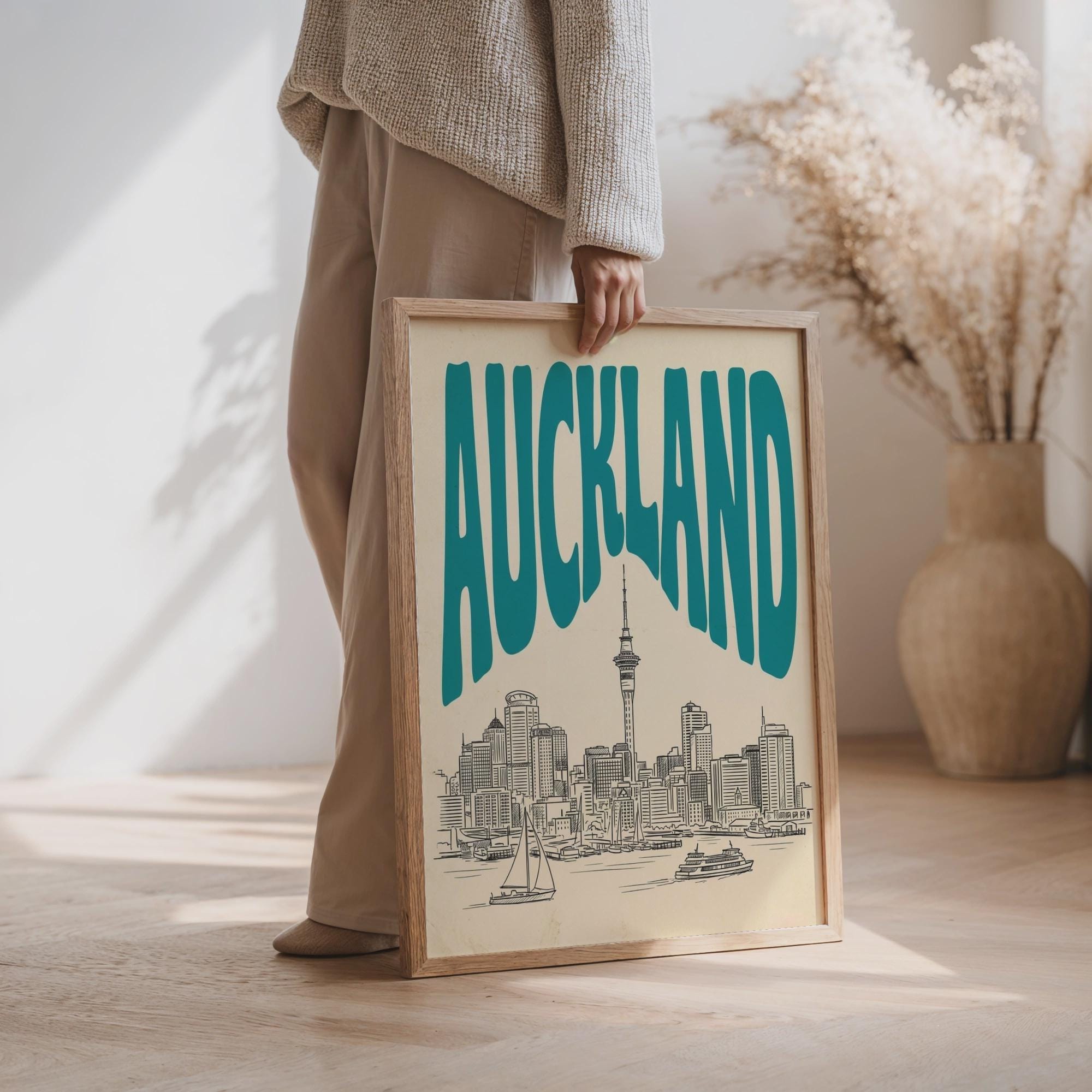 Auckland Skyline Wall Art, Vintage Travel Poster, New Zealand Harbor Print