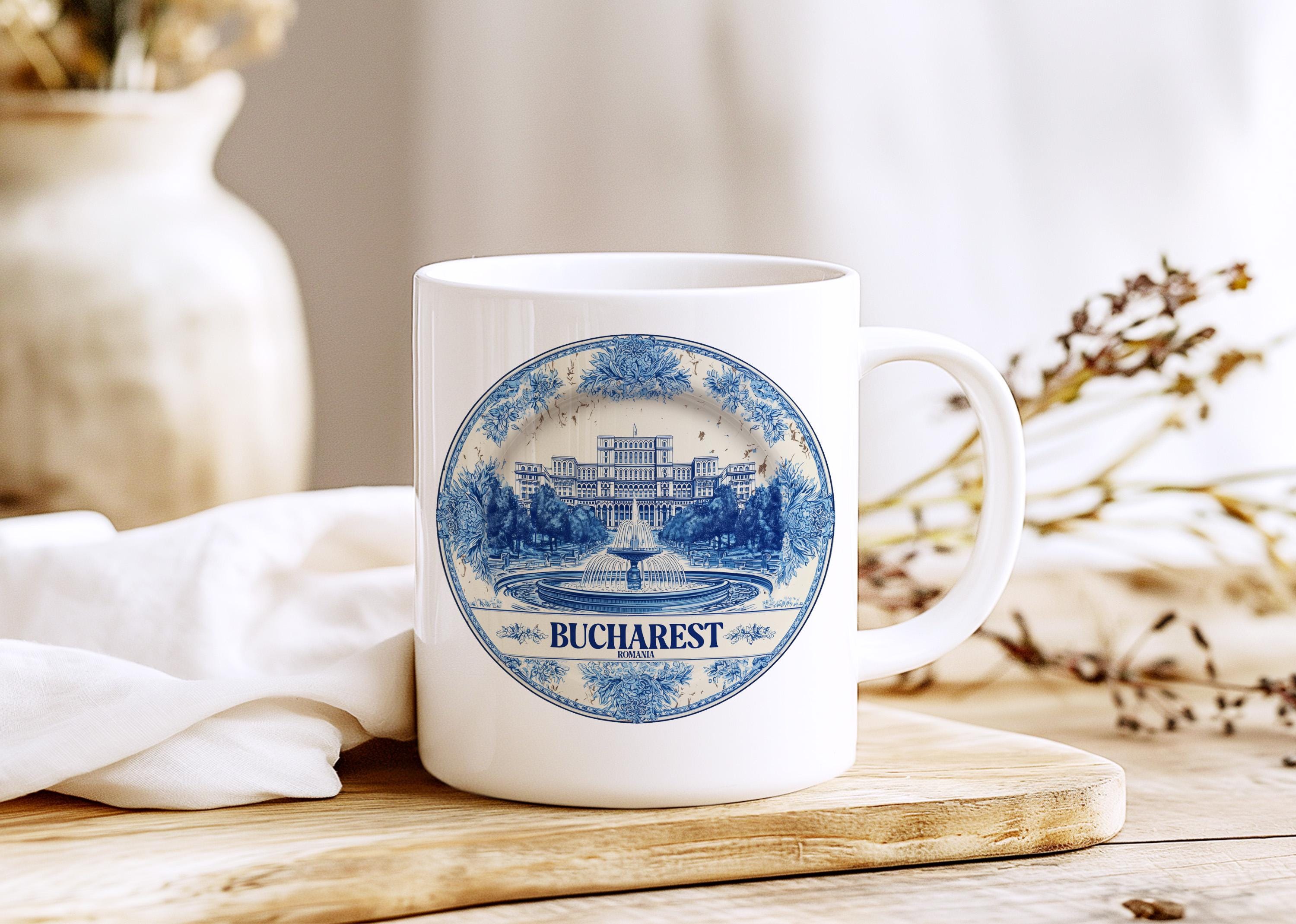 Bucharest Romania Mug, Custom Delft Style cup, Personalized Vintage Travel City Gift