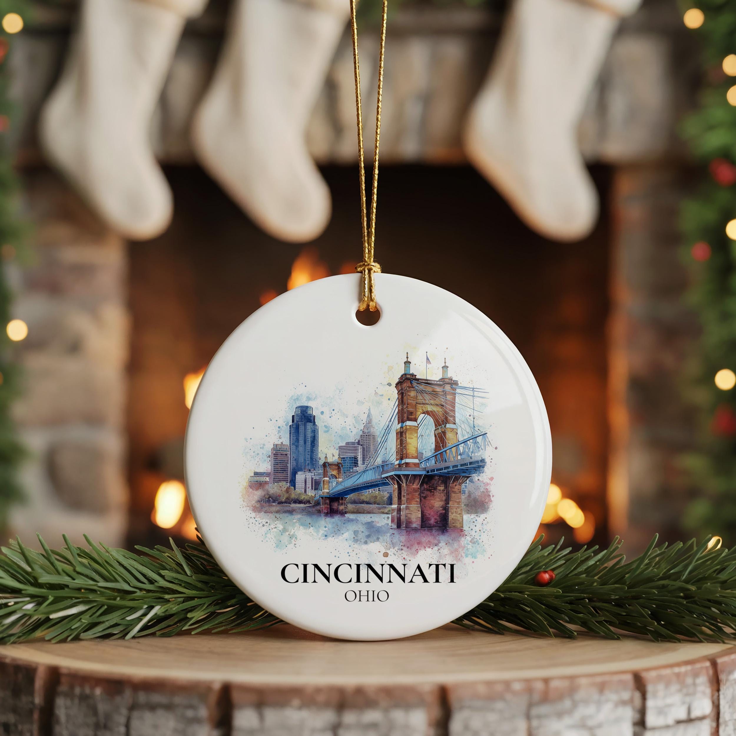 Cincinnati Ohio Personalized Watercolor Ornament, Custom Ceramic Christmas gift, Travel Keepsake