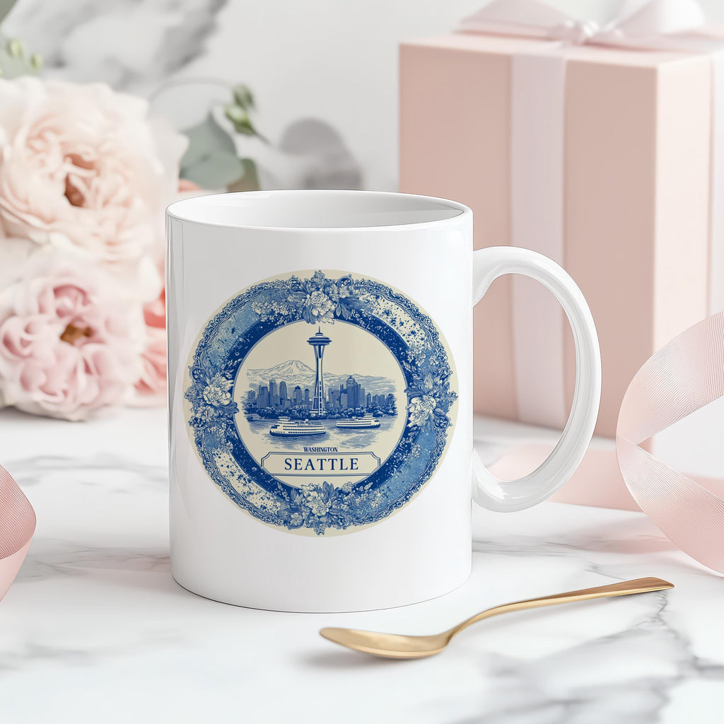 Seattle Washington Mug, Custom Delft Style cup, Personalized Vintage Travel City Gift