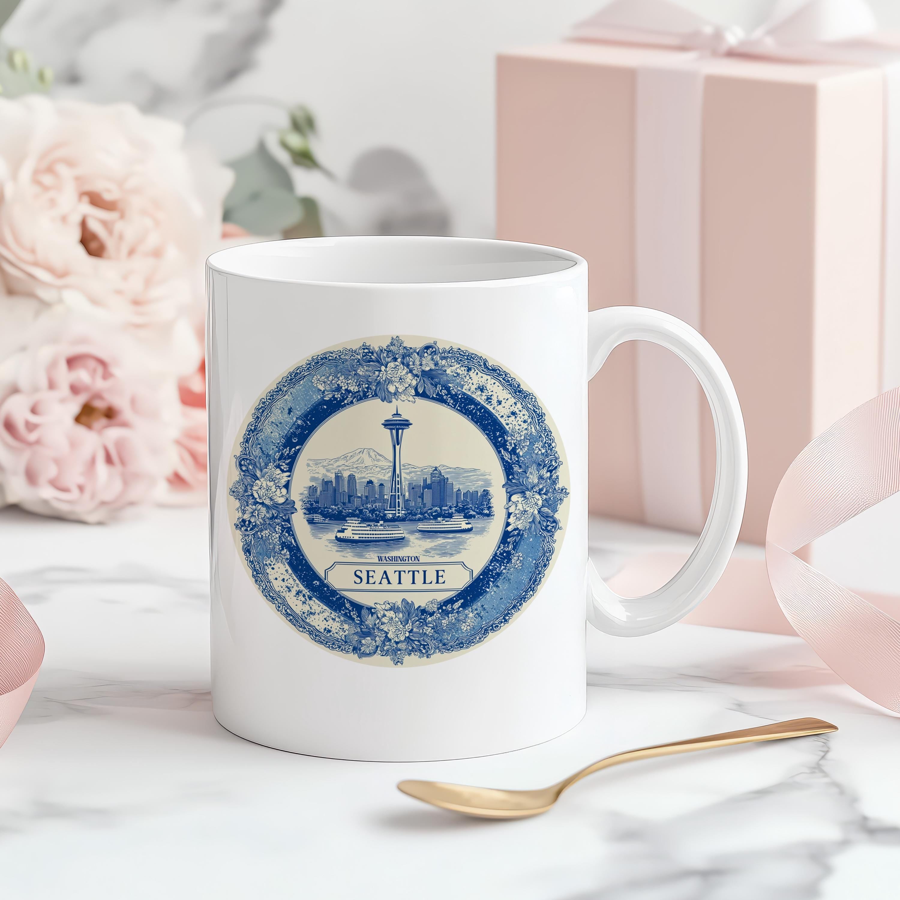 Seattle Washington Mug, Custom Delft Style cup, Personalized Vintage Travel City Gift