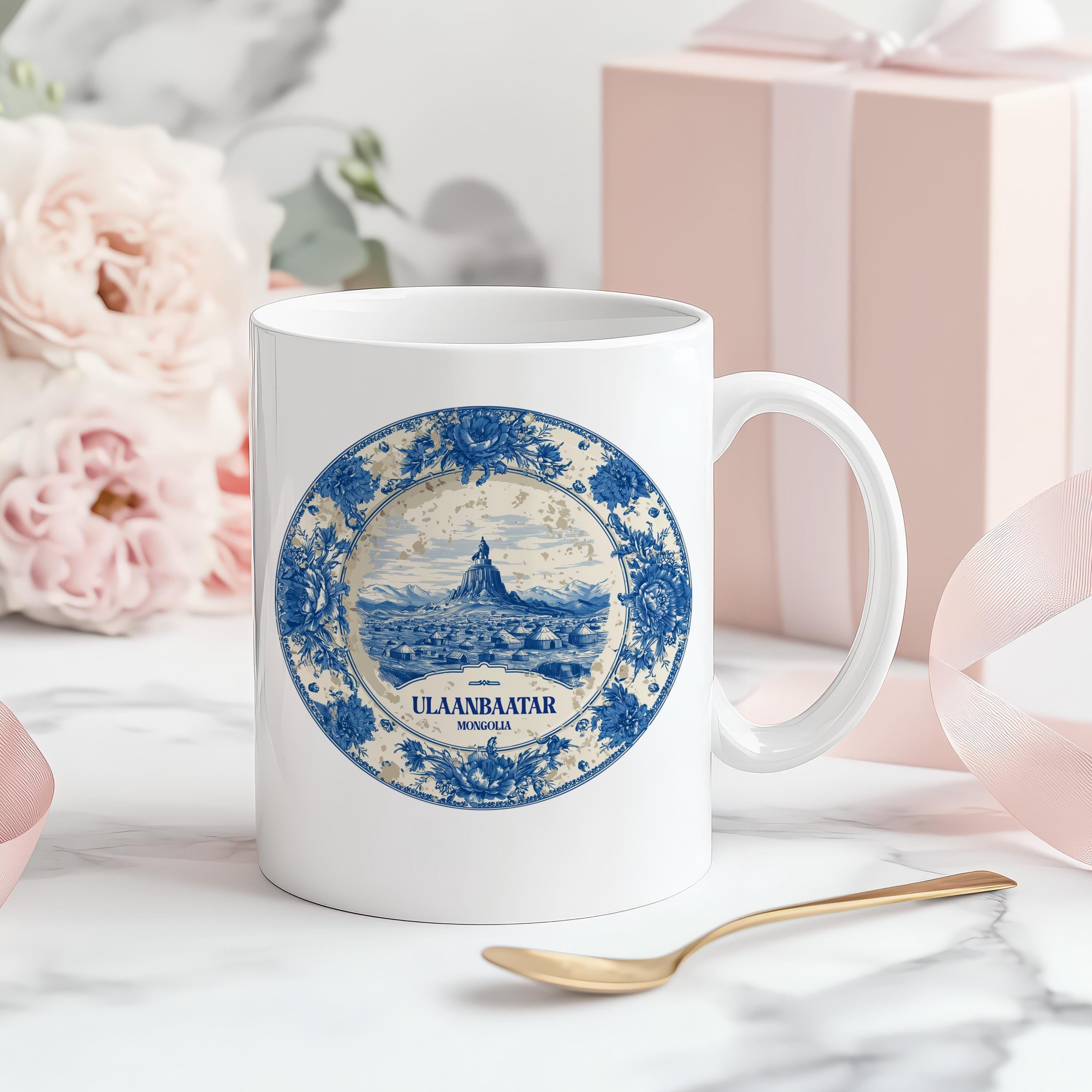 Ulaanbaatar Mongolia Mug, Custom Delft Style cup, Personalized Vintage Travel City Gift