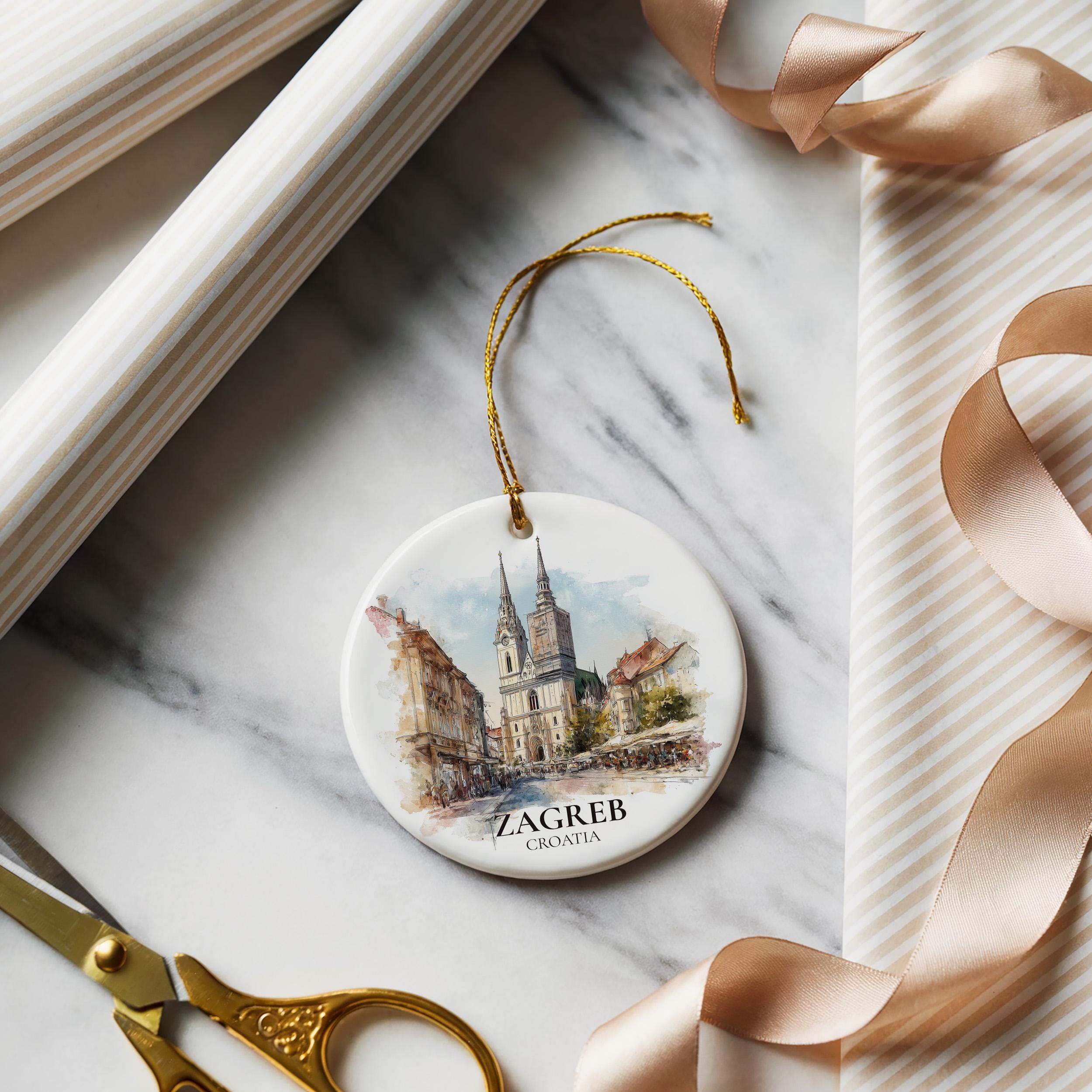 Zagreb Croatia Personalized Watercolor Ornament, Custom Ceramic Christmas gift, Travel Keepsake