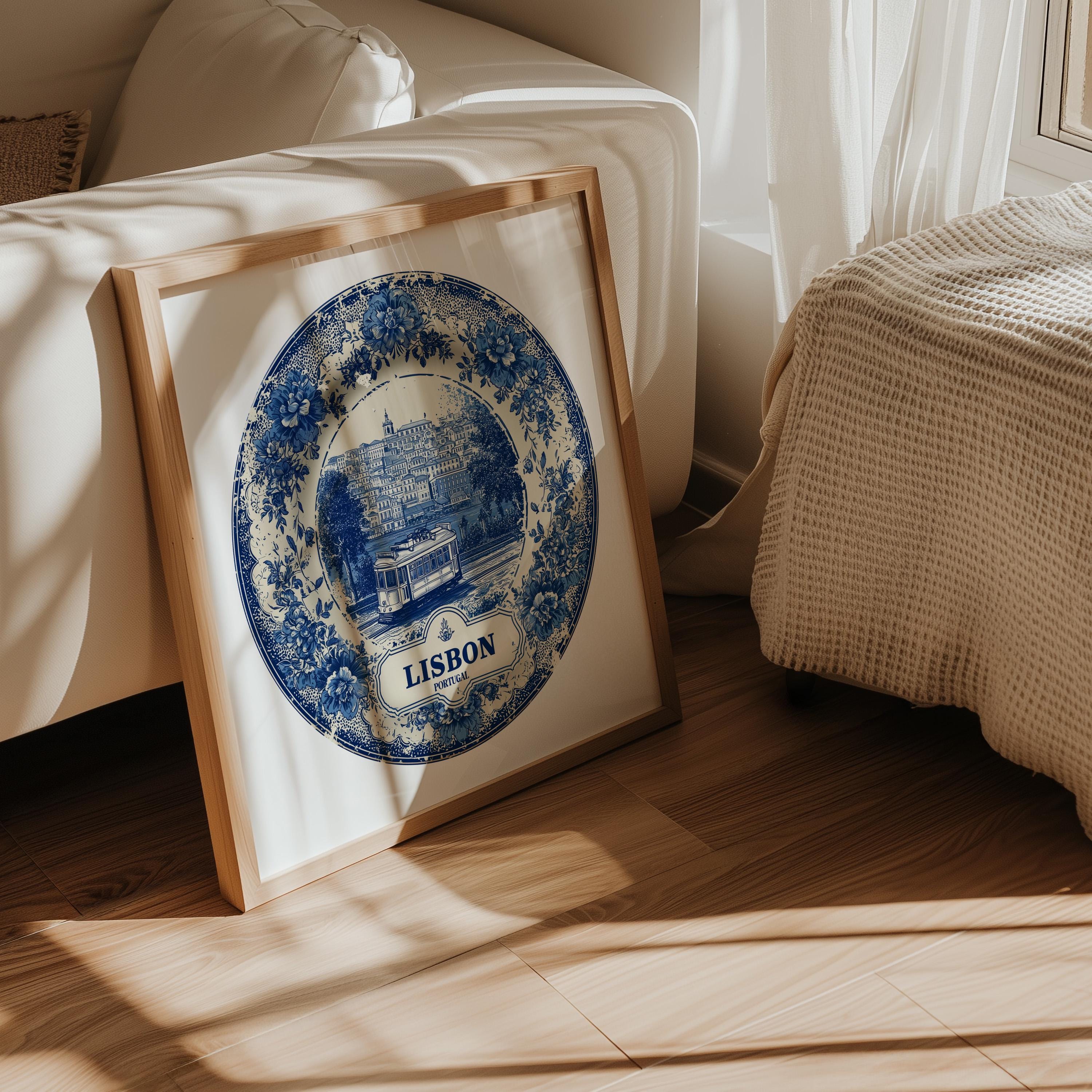 Lisbon Portugal Wall Art, Vintage Delft Blue Poster, City Print, Travel Home Decor