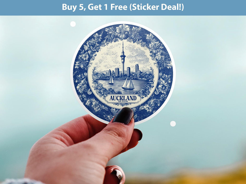 Auckland New Zealand Sticker Vintage Delft style, Delftware Decal Waterproof Vinyl, Blue City Travel