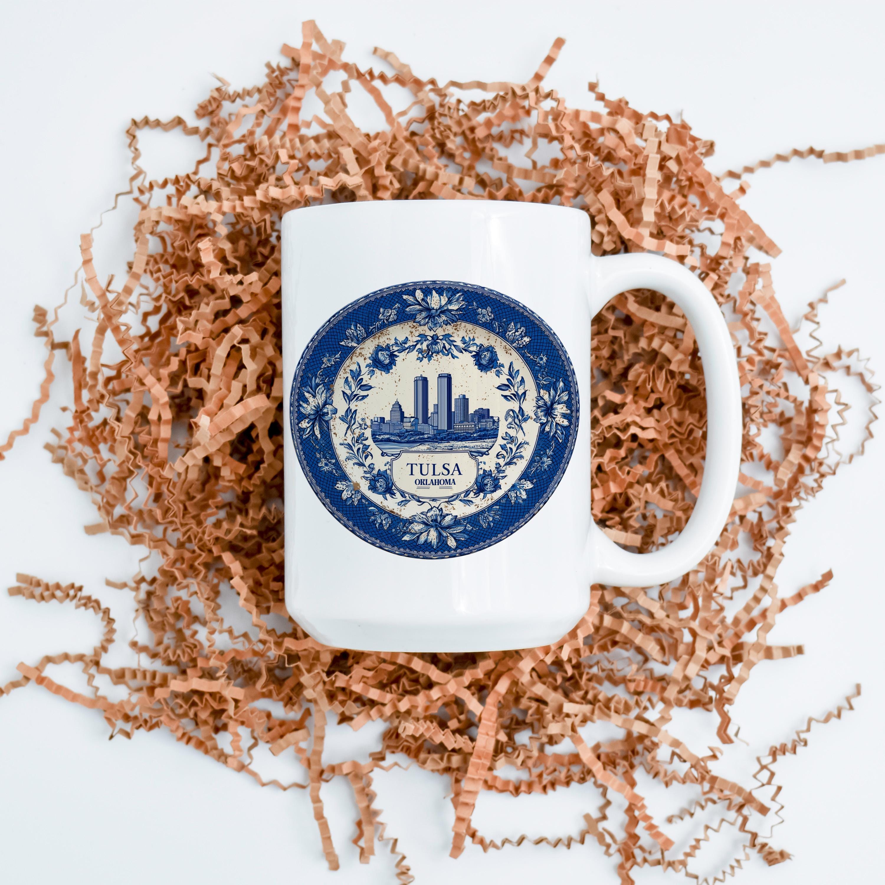 Tulsa Oklahoma Mug, Custom Delft Style cup, Personalized Vintage Travel City Gift