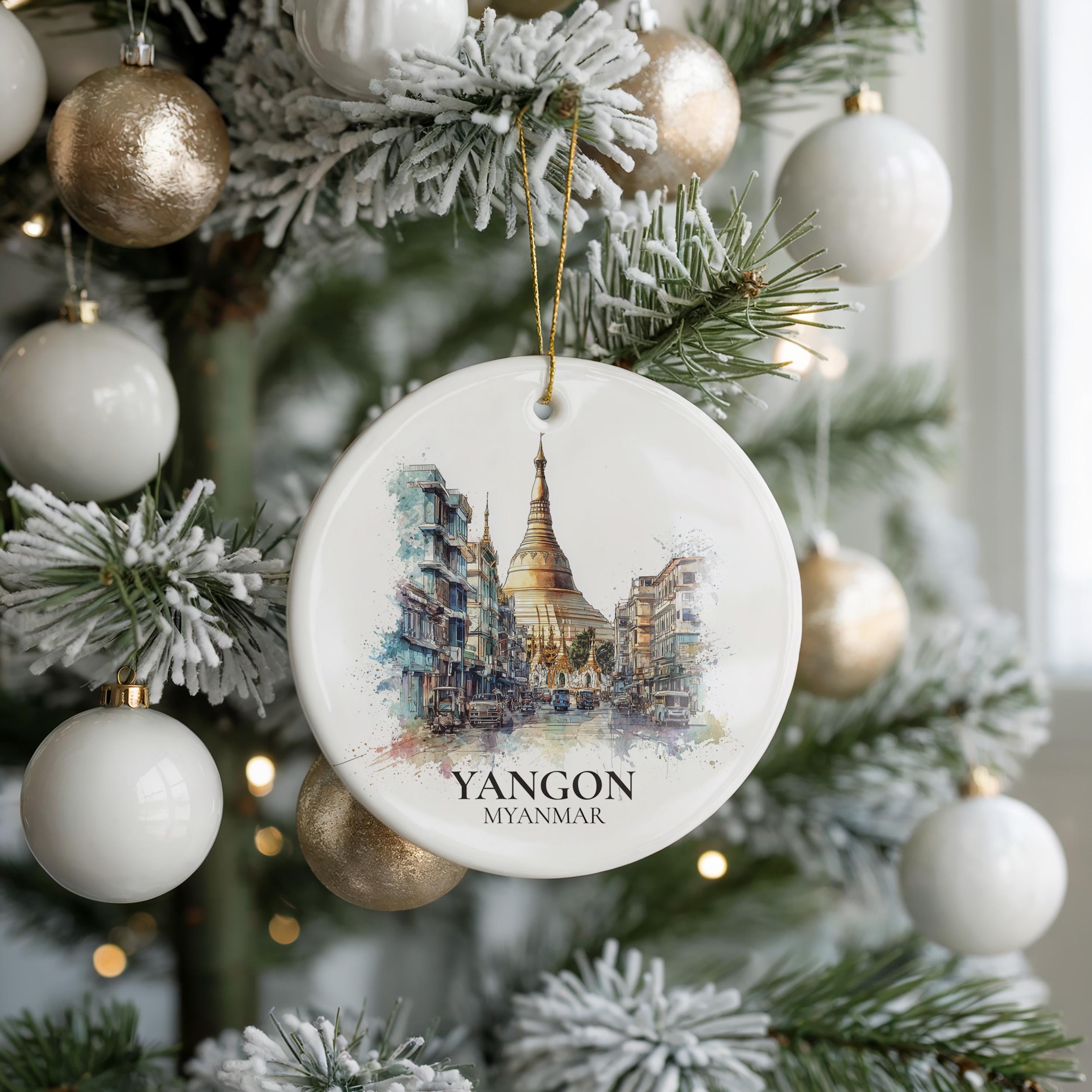 Yangon Myanmar Personalized Watercolor Ornament, Custom Ceramic Christmas gift, Travel Keepsake