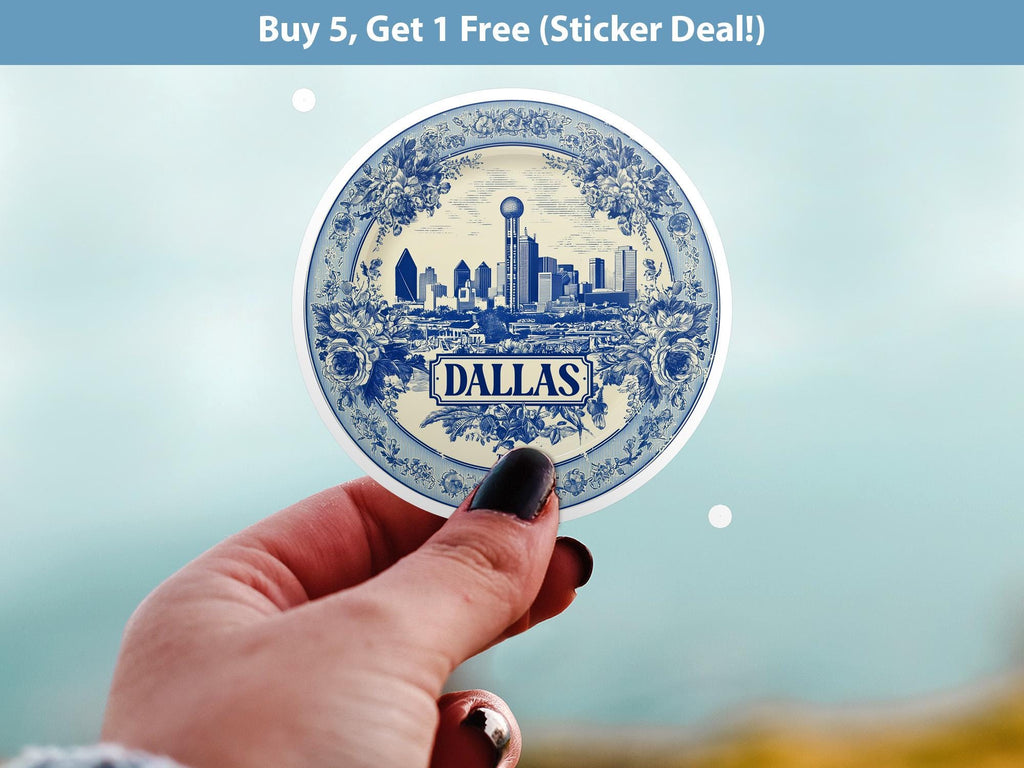 Dallas Texas Sticker Vintage Delft style, Delftware Decal Waterproof Vinyl, Blue City Travel USA