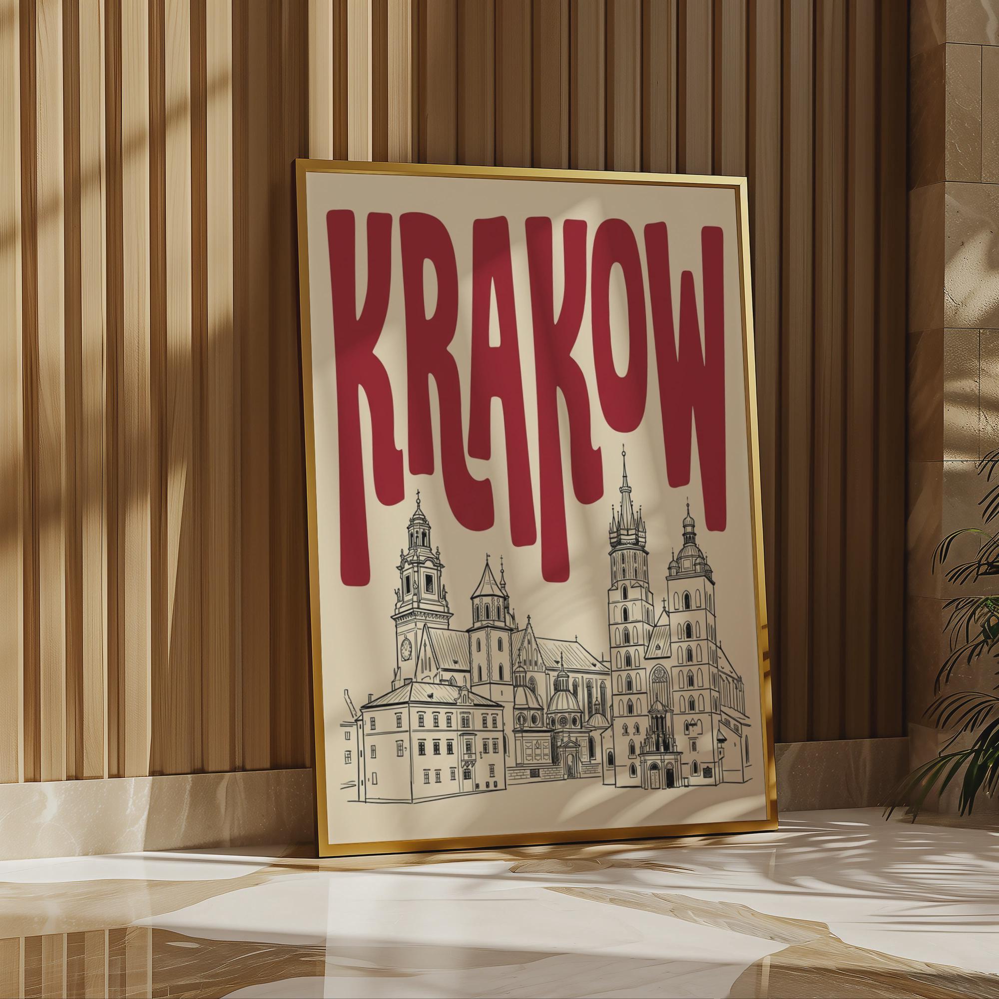 Krakow Poland Skyline Wall Art, Framed Canvas Print, Minimalist Line Art Decor