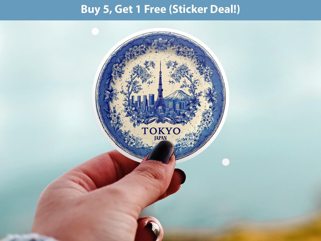 Tokyo Japan Sticker Vintage Delft style, Delftware Decal Waterproof Vinyl, Blue City Travel