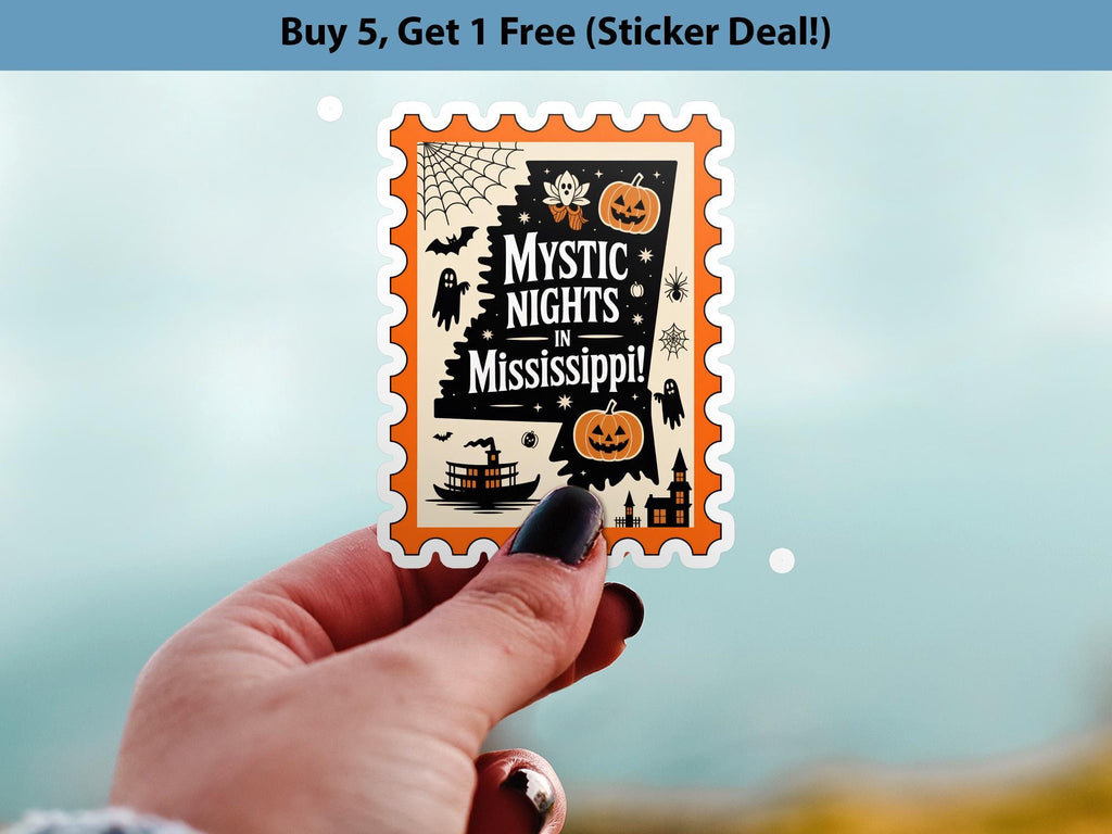 Mississippi Stamp Halloween Sticker, Spooky USA Kiss-Cut Vinyl, Waterproof Decal, United States Travel