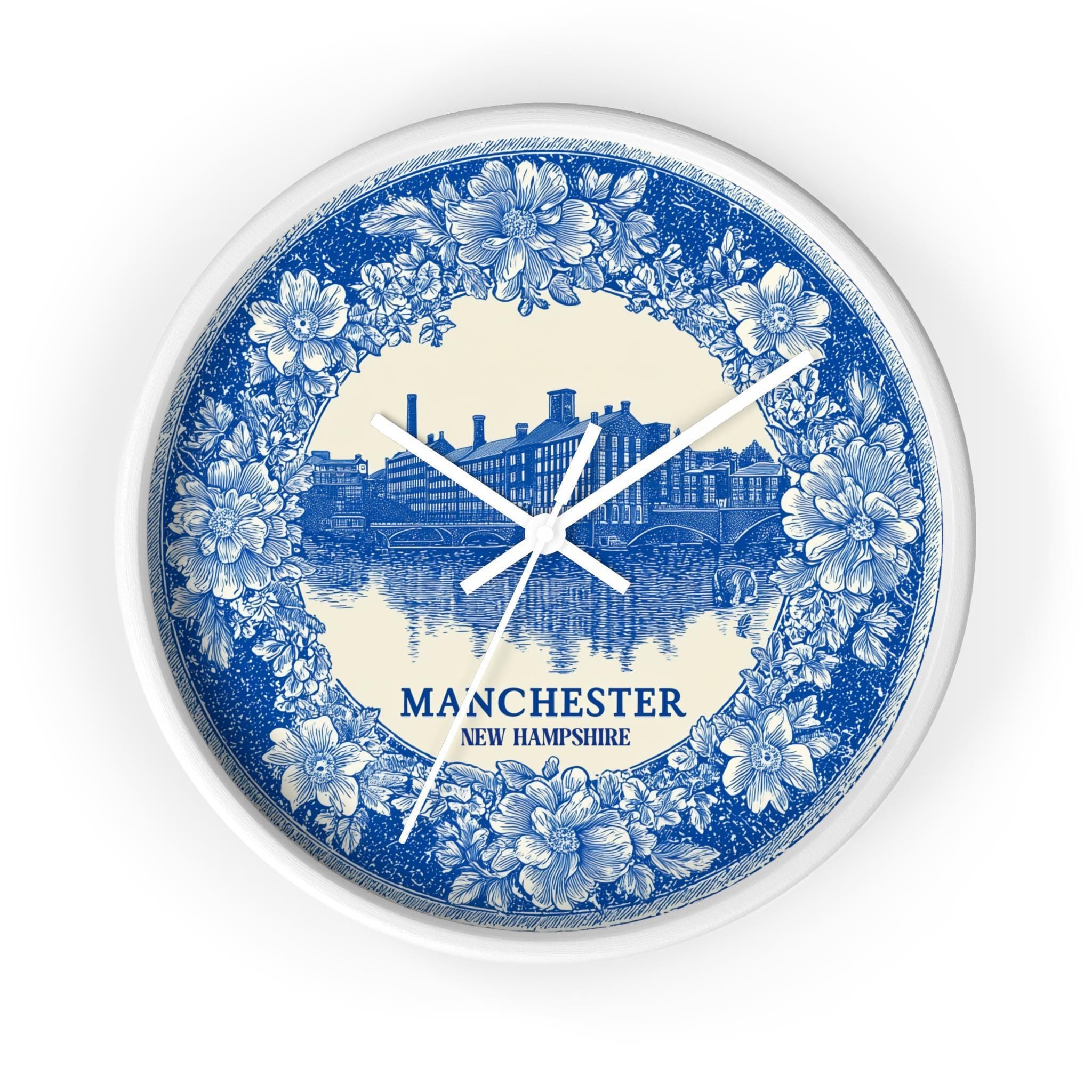 Manchester New Hampshire Wall Clock, Delf style Home Decor, Vintage City Travel Keepsake Art