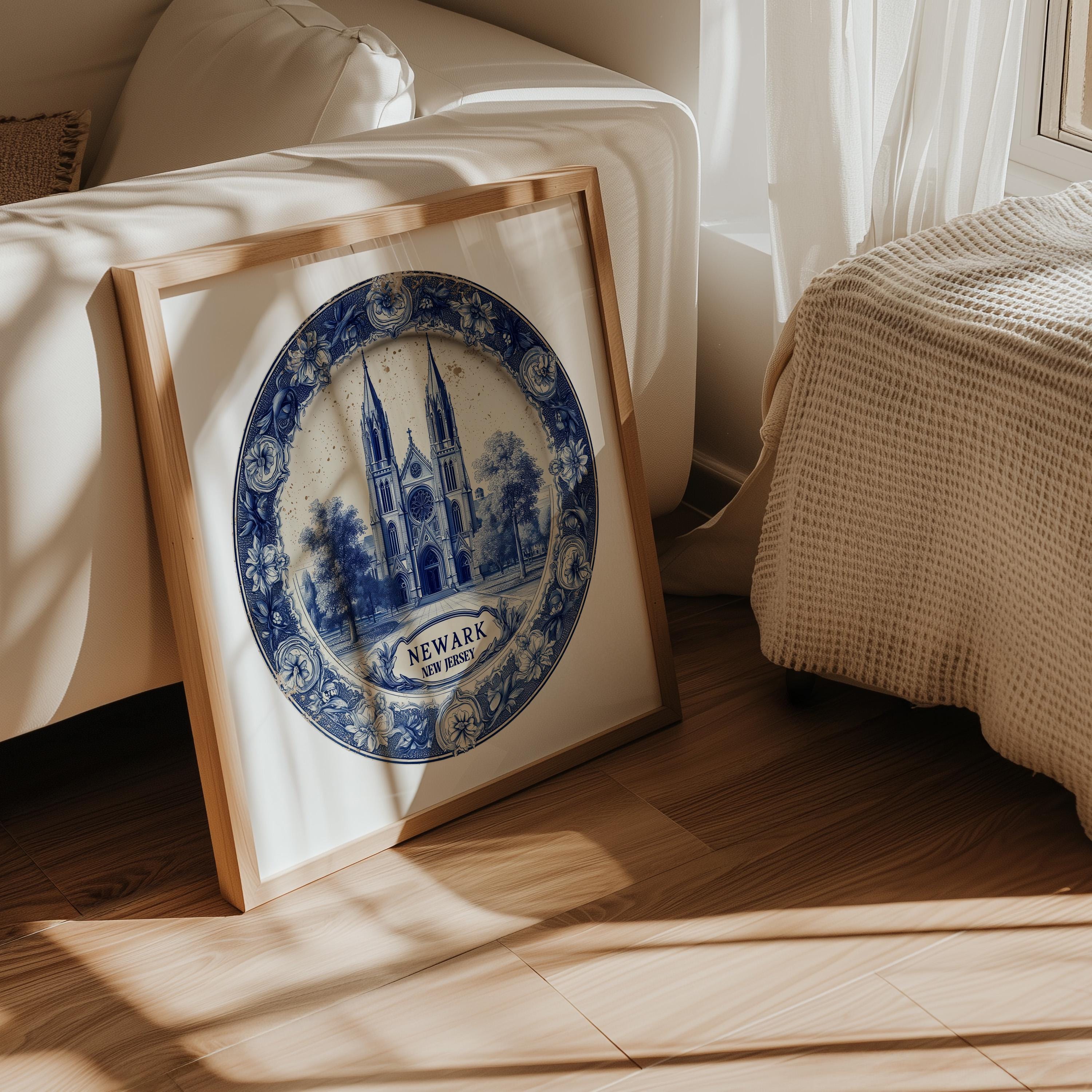 Newark New Jersey Wall Art, Vintage Delft Blue Poster, City Print, Travel Home Decor