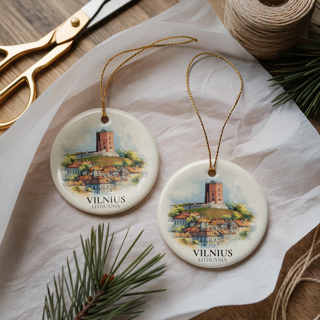 Vilnius Lithuania Personalized Watercolor Ornament, Custom Ceramic Christmas gift, Travel Keepsake
