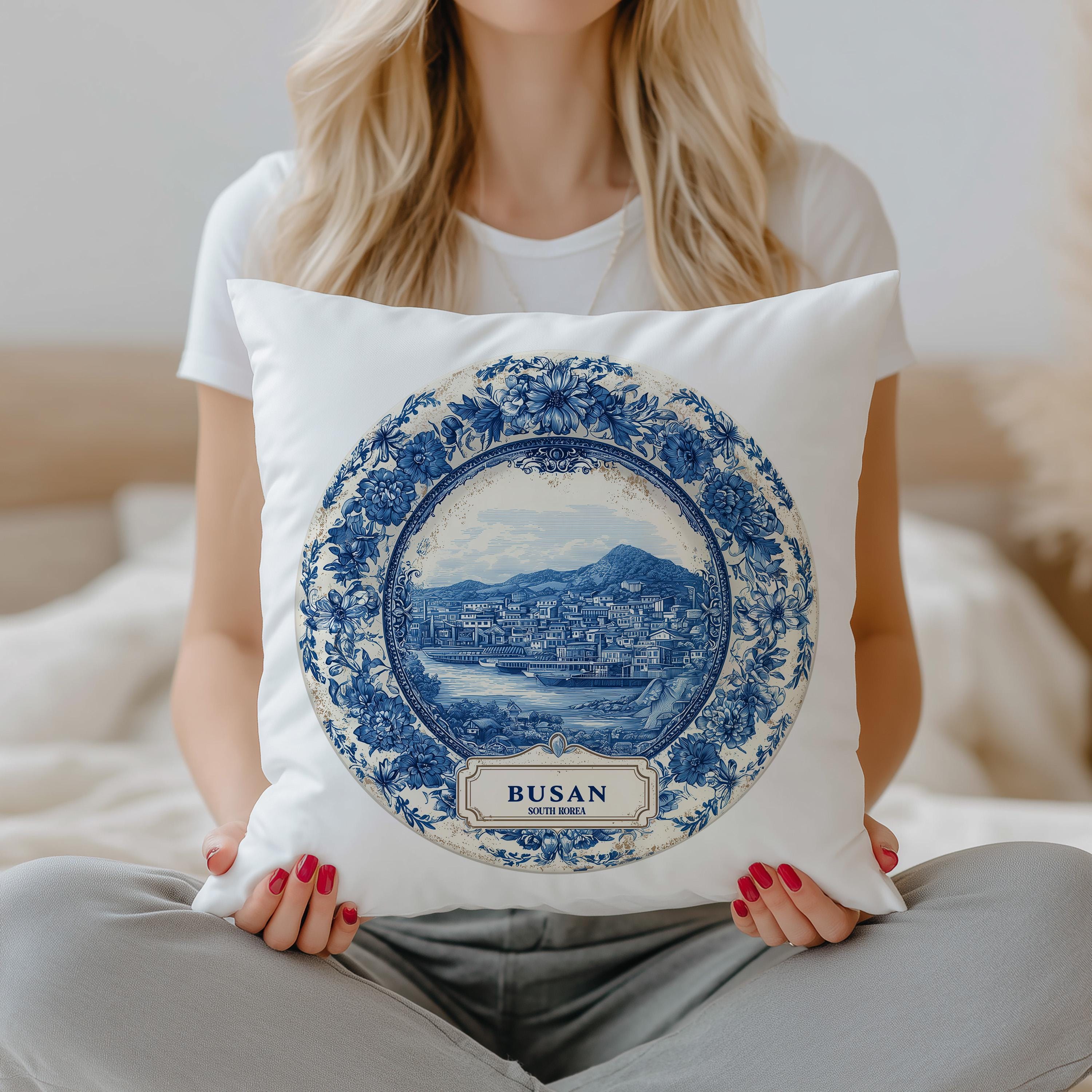 Busan South Korea Pillowcase, Delft Style Decorative Throw Pillow, Vintage Cityscape Retro Home Decor