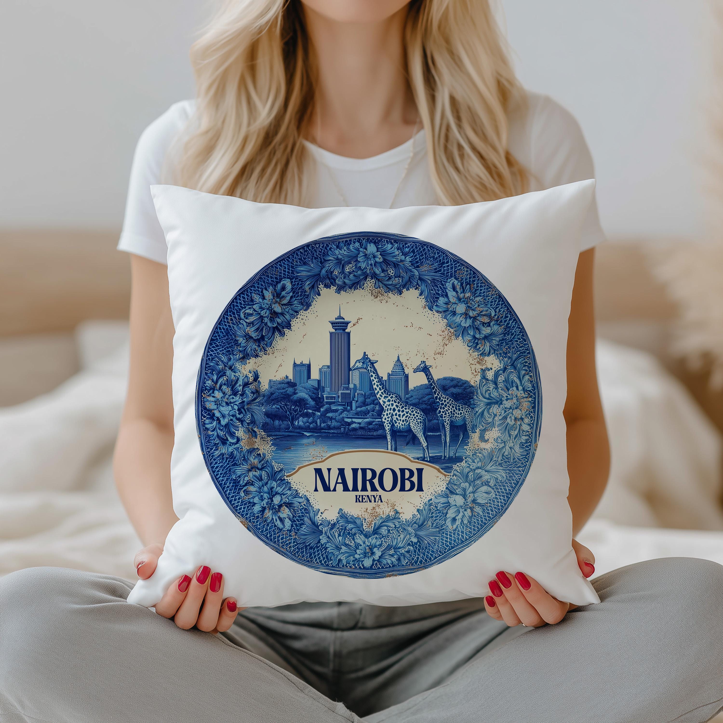 Nairobi Kenya Pillowcase, Delft Style Decorative Throw Pillow, Vintage Cityscape Retro Home Decor