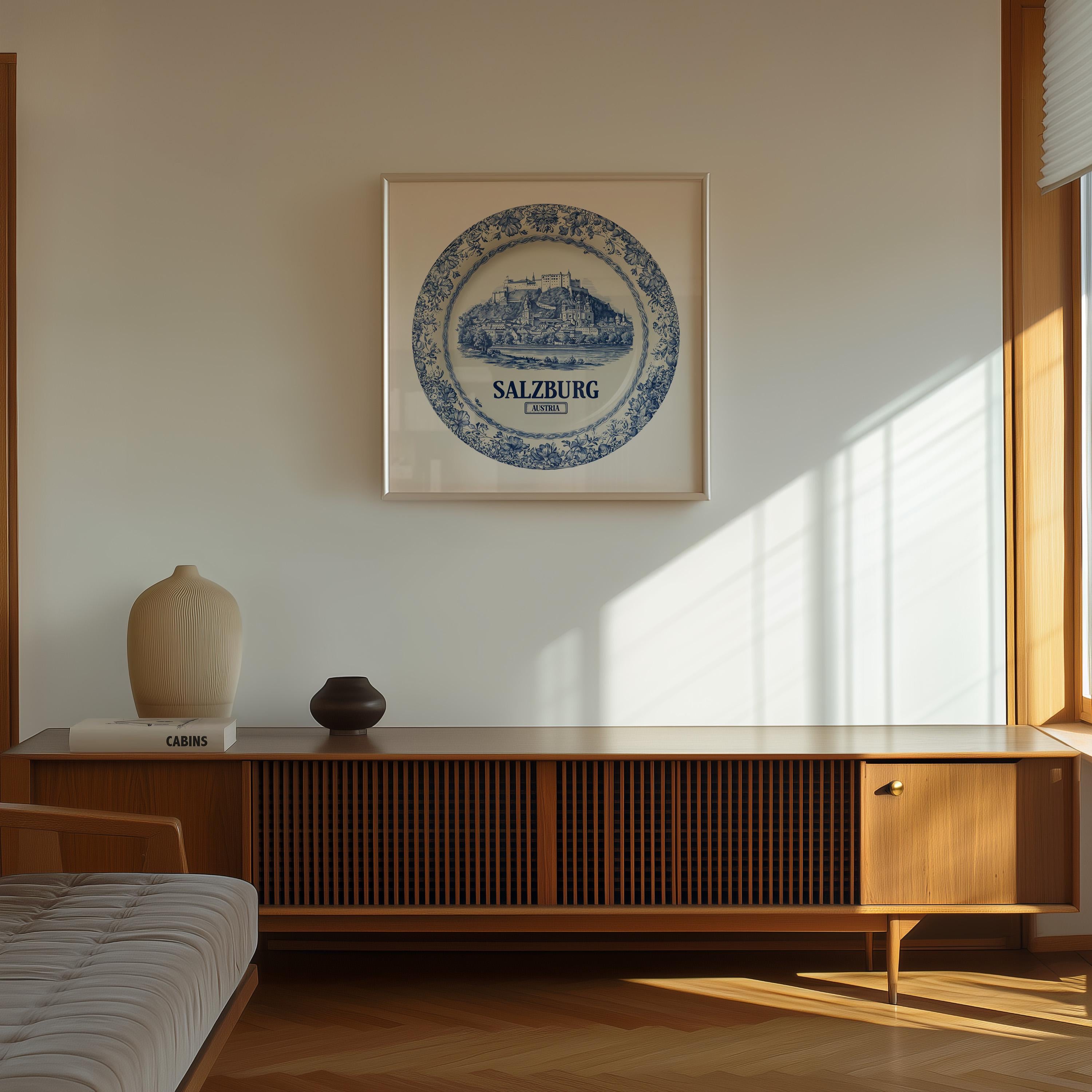 Salzburg Austria Wall Art, Vintage Delft Blue Poster, City Print, Travel Home Decor