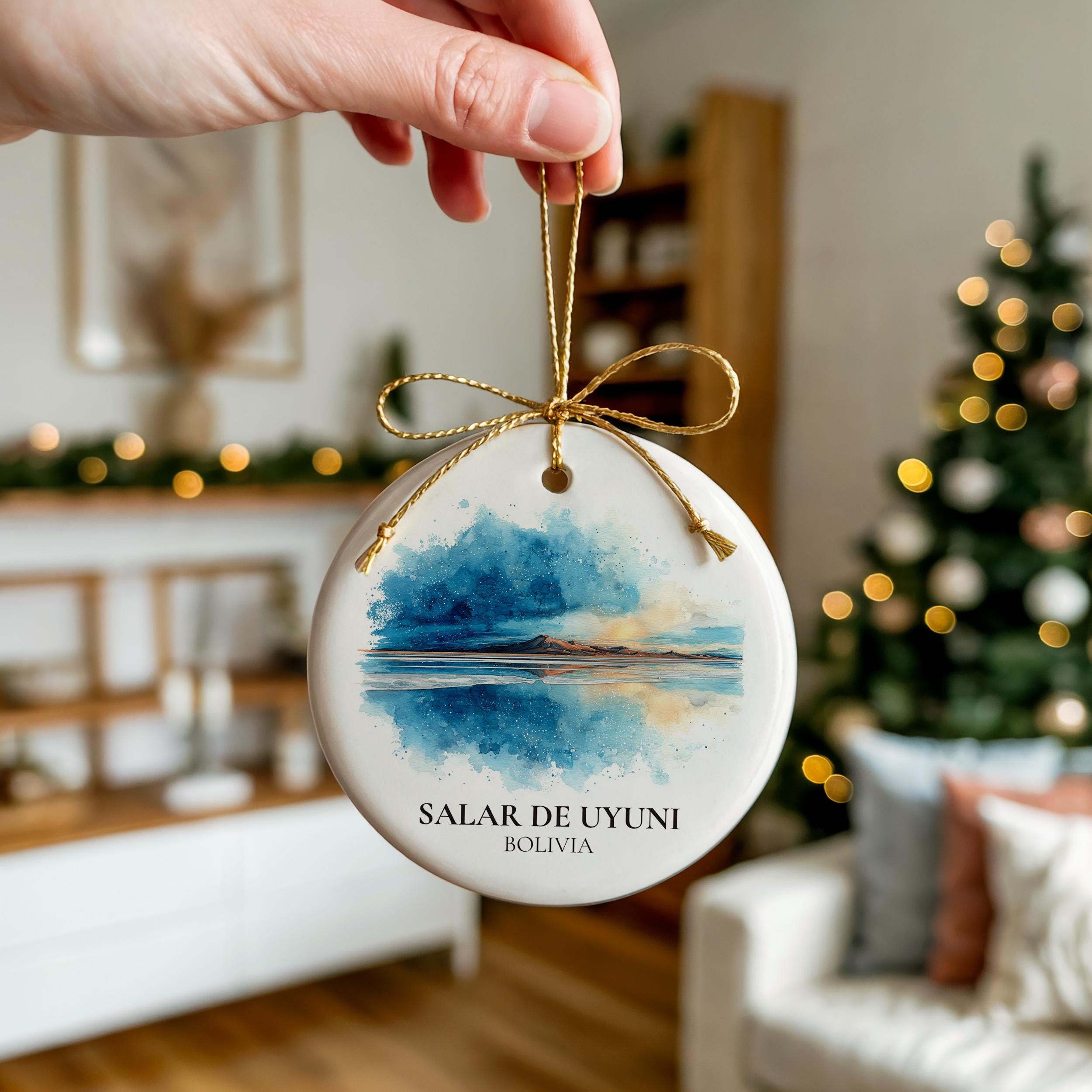 Salar de Uyuni Bolivia Personalized Watercolor Ornament, Custom Ceramic Christmas gift, Travel Keepsake