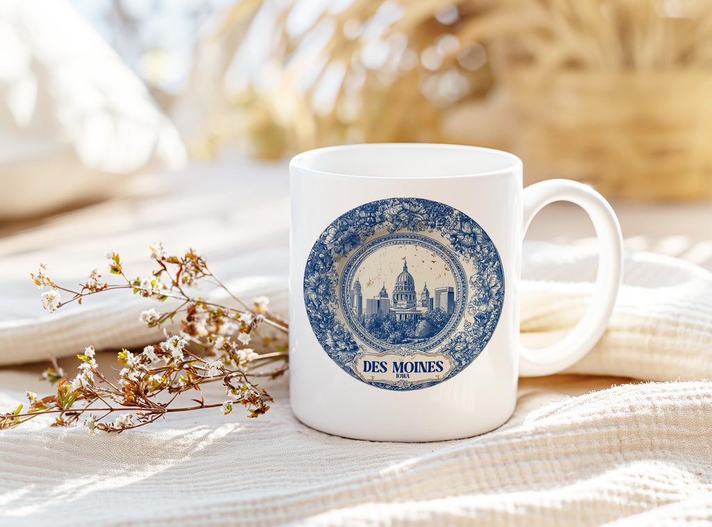 Des Moines Iowa Mug, Custom Delft Style cup, Personalized Vintage Travel City Gift