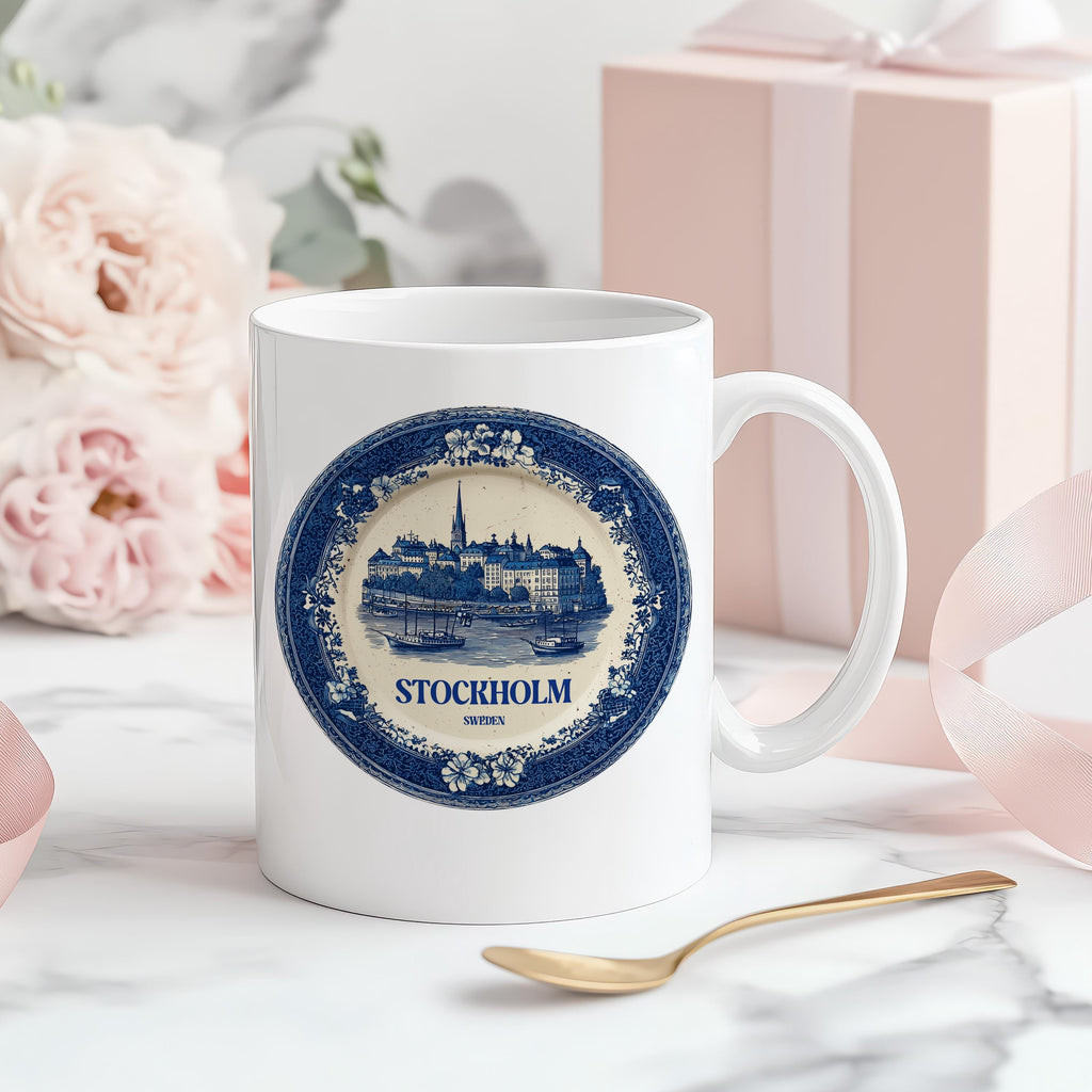 Stockholm Sweden Mug, Custom Delft Style cup, Personalized Vintage Travel City Gift