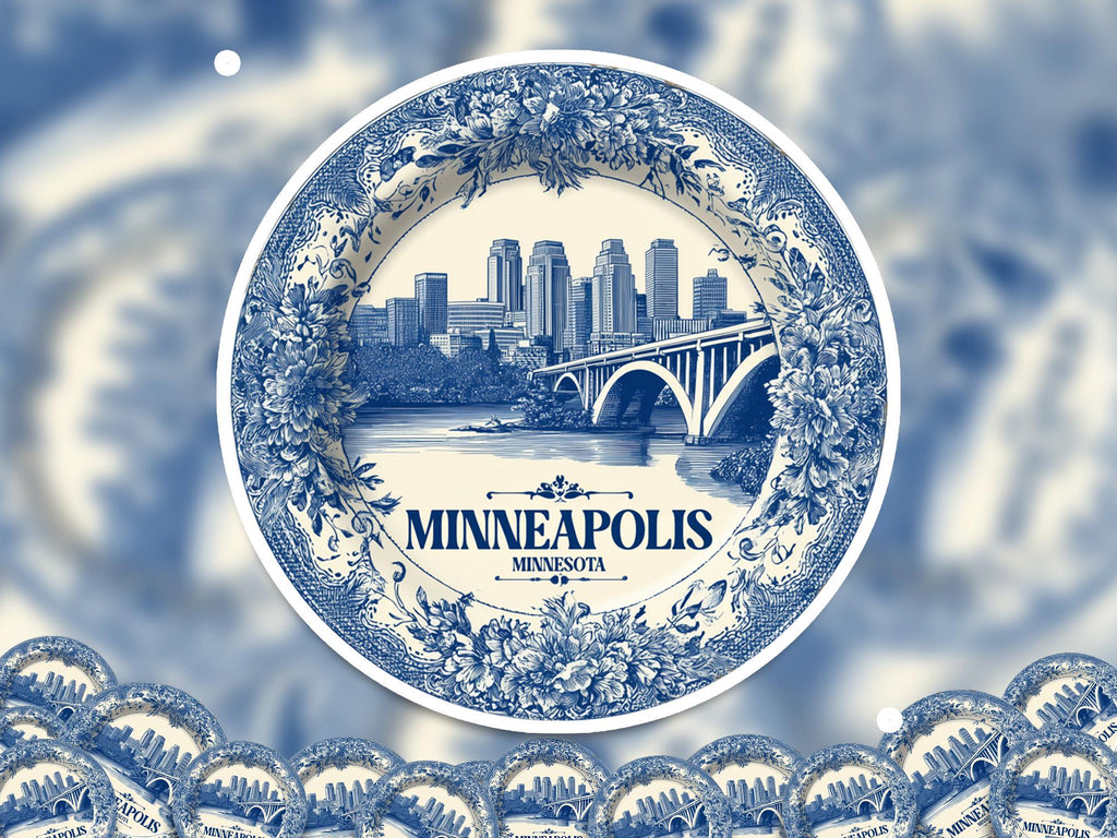 Minneapolis Minnesota Sticker Vintage Delft style, Delftware Decal Waterproof Vinyl, Blue City Travel
