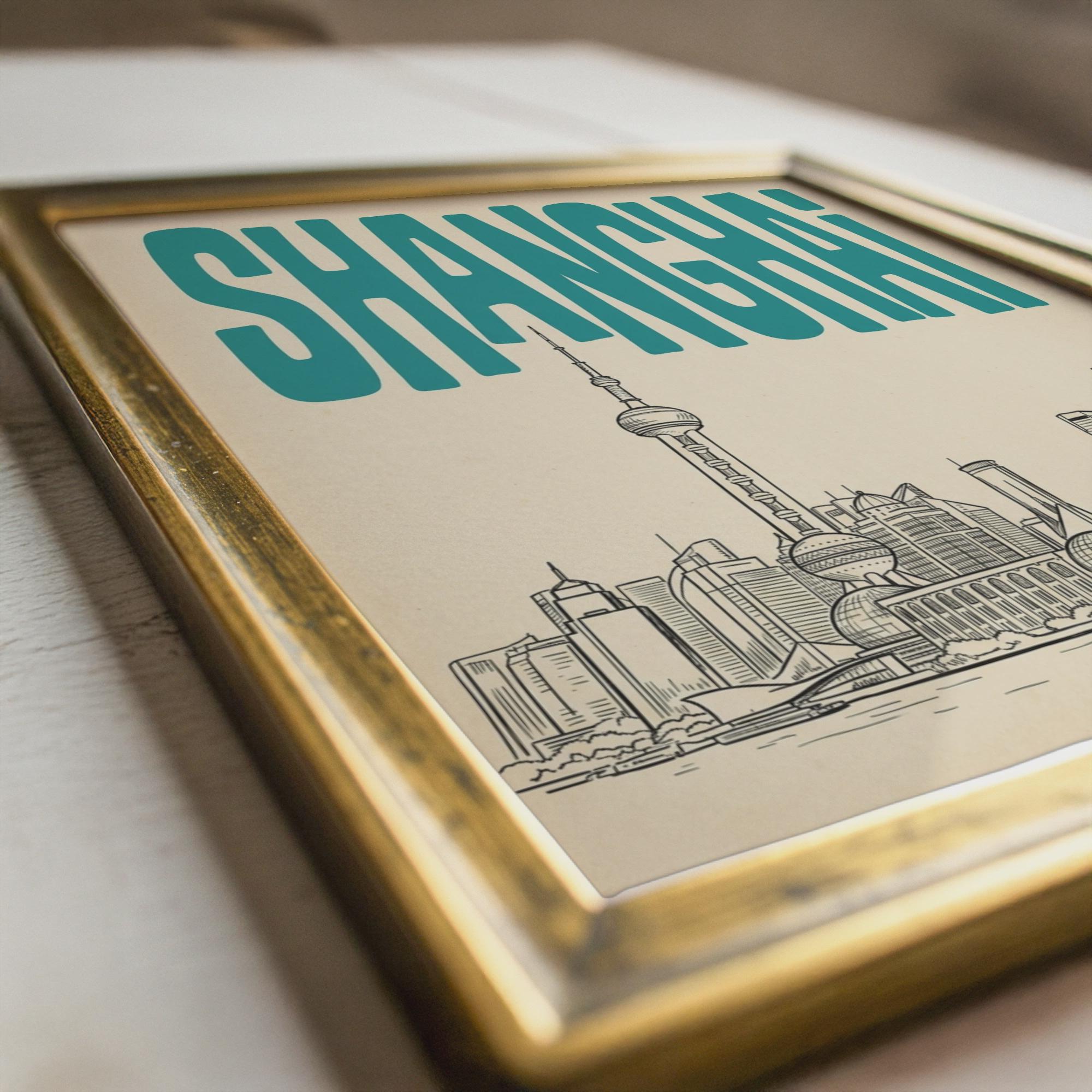Shanghai Skyline Wall Art, Vintage Travel Poster, Framed Canvas Print