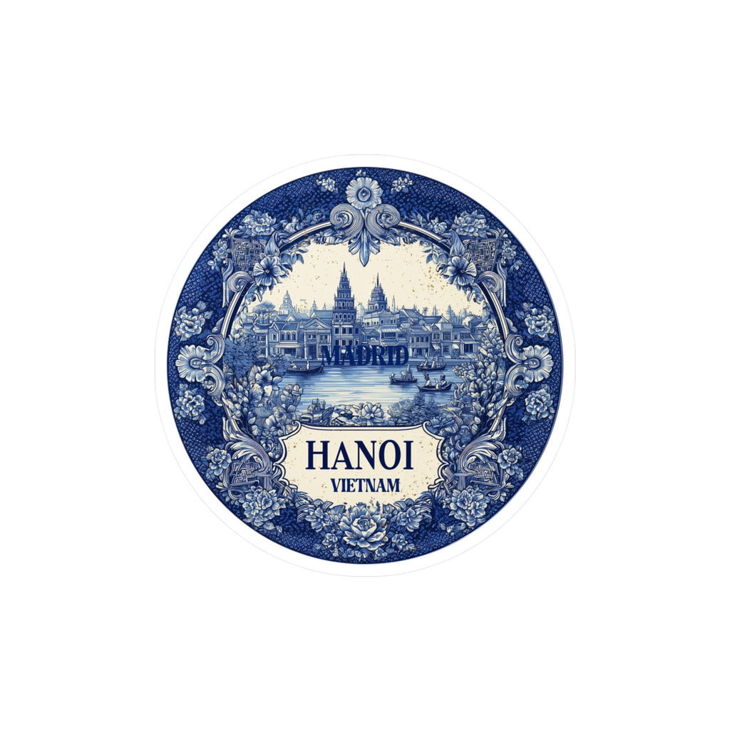 Hanoi Vietnam Sticker Vintage Delft style, Delftware Decal Waterproof Vinyl, Blue City Travel