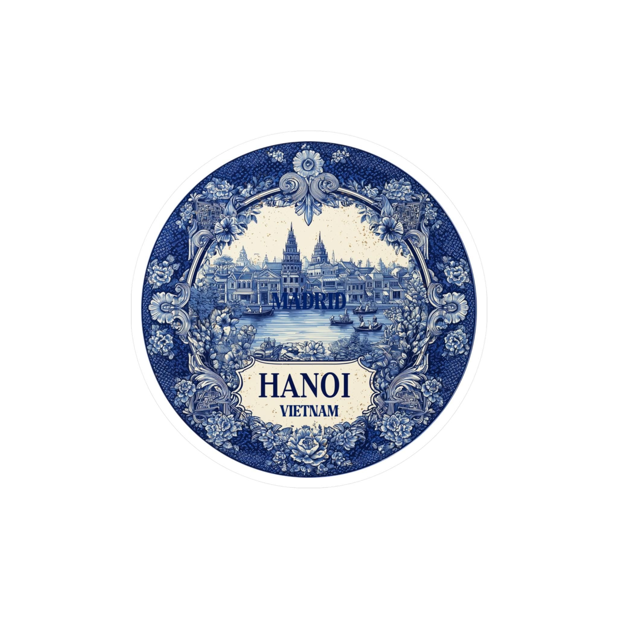 Hanoi Vietnam Sticker Vintage Delft style, Delftware Decal Waterproof Vinyl, Blue City Travel