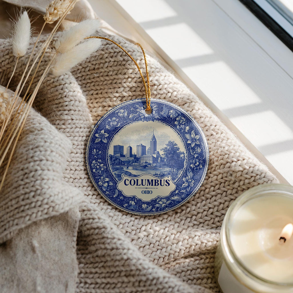 Custom Columbus Ohio Ceramic Delft Ornament, Christmas Delftware Blue Delftware city travel