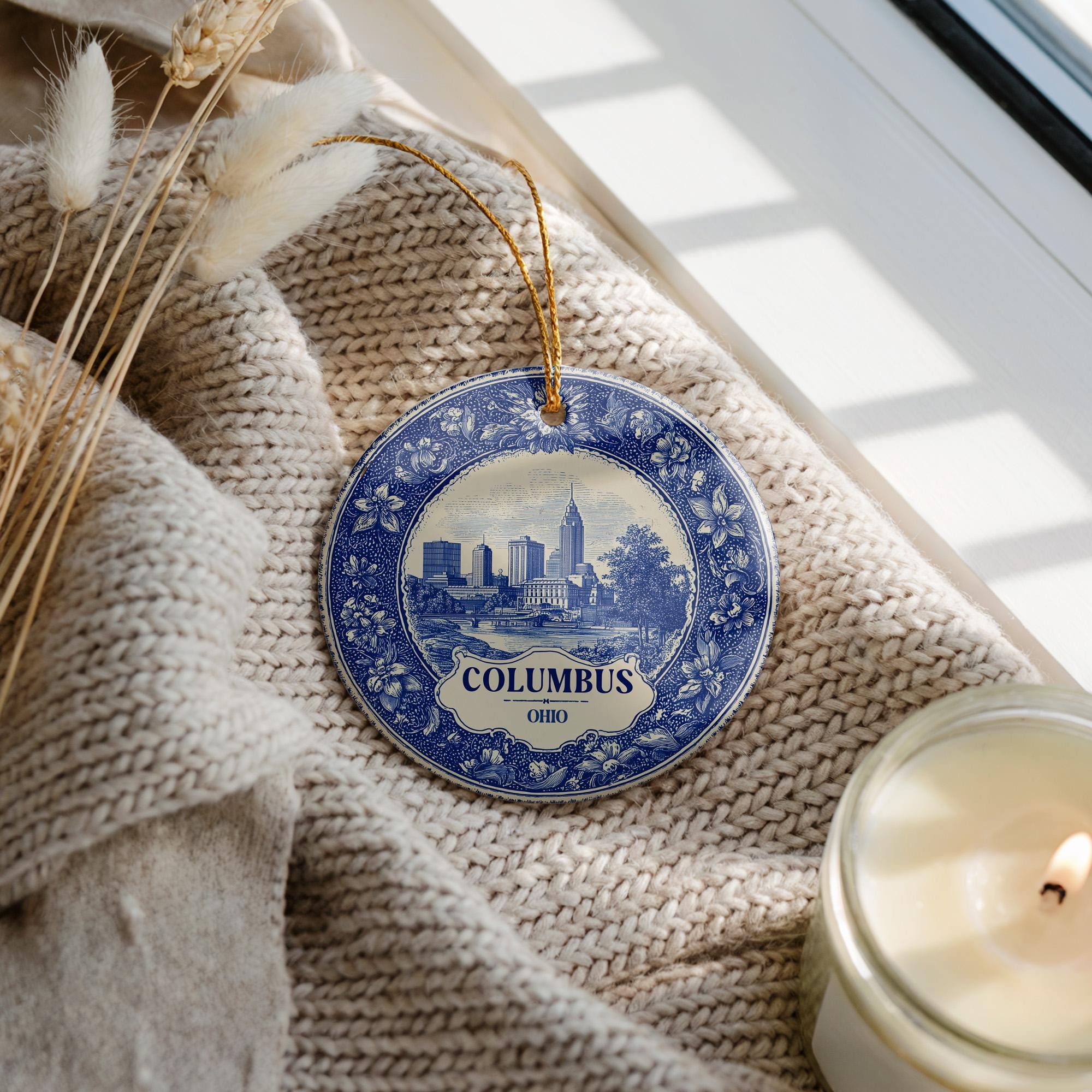 Custom Columbus Ohio Ceramic Delft Ornament, Christmas Delftware Blue Delftware city travel