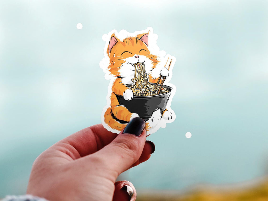 cute orange cat eats ramen cute kawaii Sticker, Kiss-Cut Vinyl Decals, Waterproof Stickers for Laptop & Tumbler, Cute Vinyl Decal Stickers