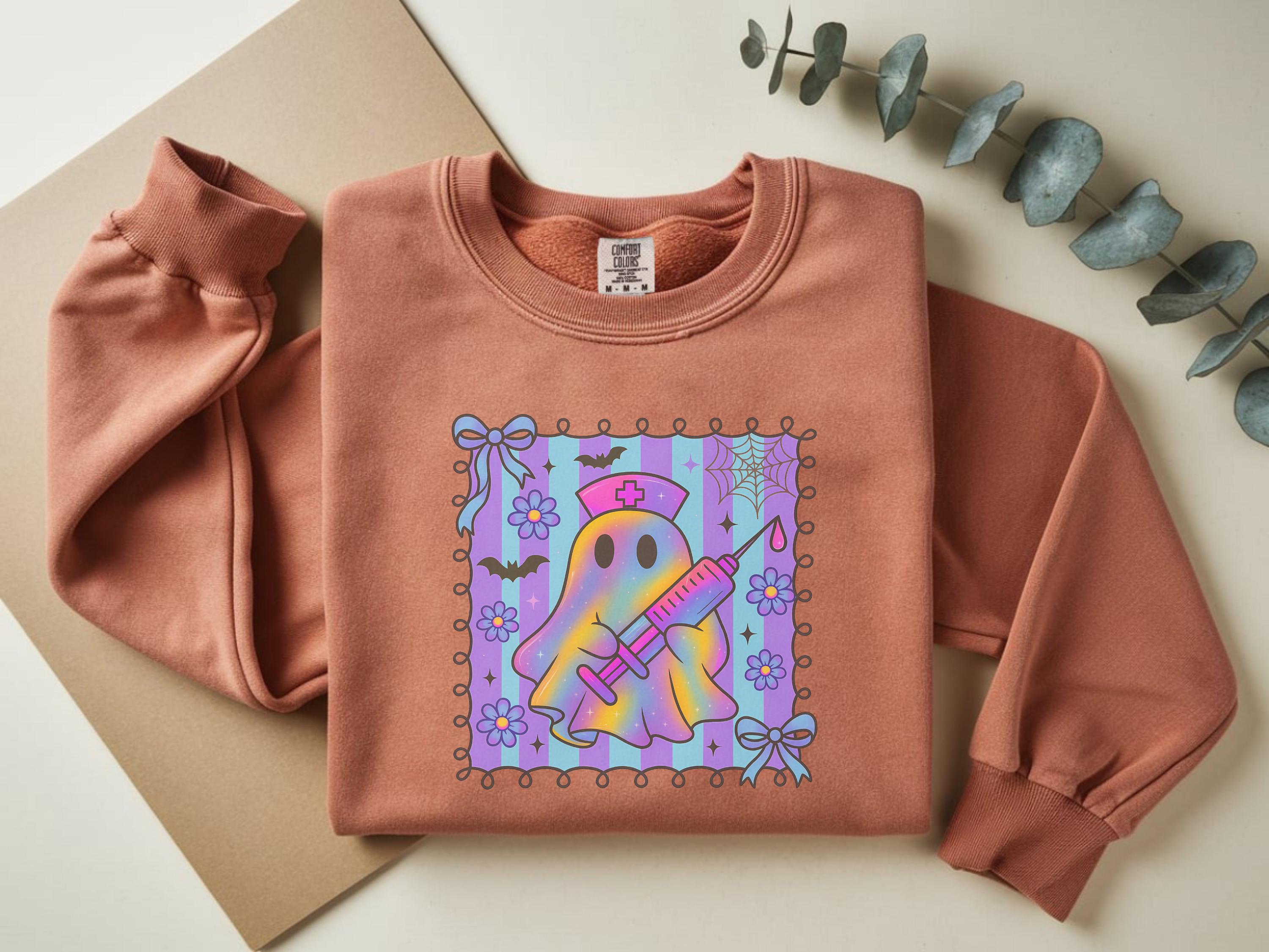 Cute Ghost Nurse Halloween Sweatshirt, Spooky RN Fall Top Cozy Autumn Pullover, Cute Retro Gift for Nurse