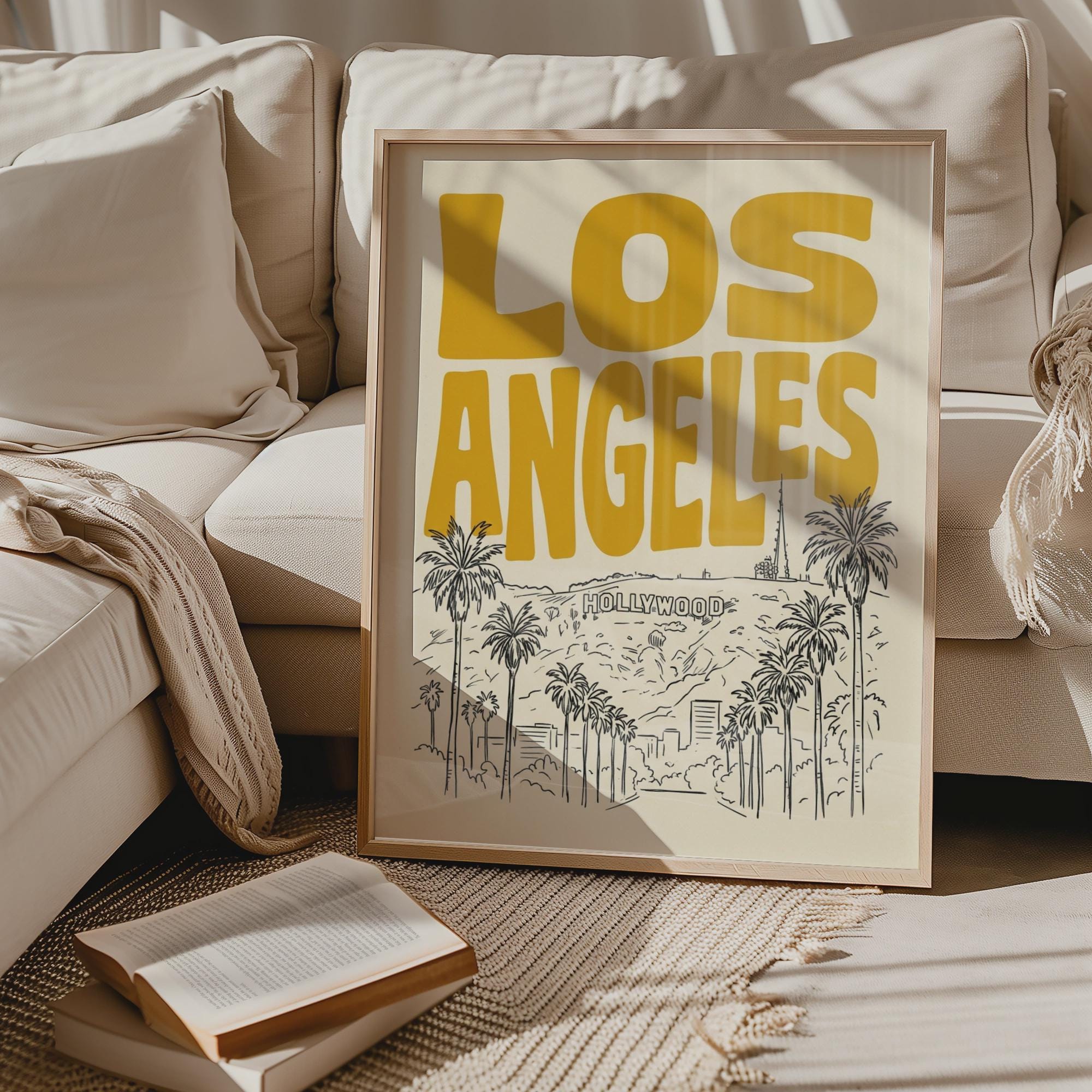 Los Angeles Wall Minimalist Art, Framed Canvas Print, California Skyline Retro City Decor