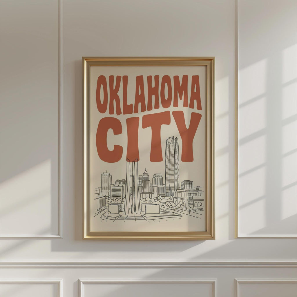 Oklahoma City Skyline Wall Art, Framed Canvas Print, Retro Home Decor