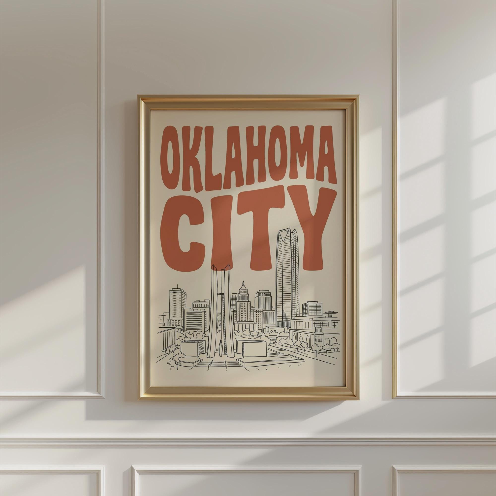 Oklahoma City Skyline Wall Art, Framed Canvas Print, Retro Home Decor