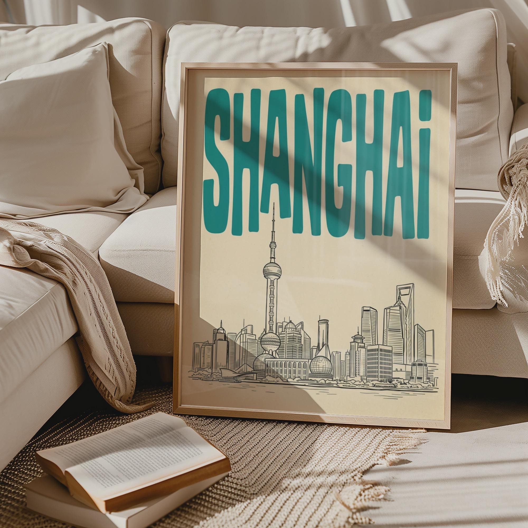 Shanghai Skyline Wall Art, Vintage Travel Poster, Framed Canvas Print