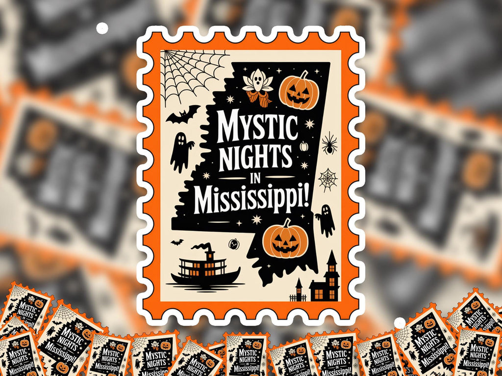 Mississippi Stamp Halloween Sticker, Spooky USA Kiss-Cut Vinyl, Waterproof Decal, United States Travel