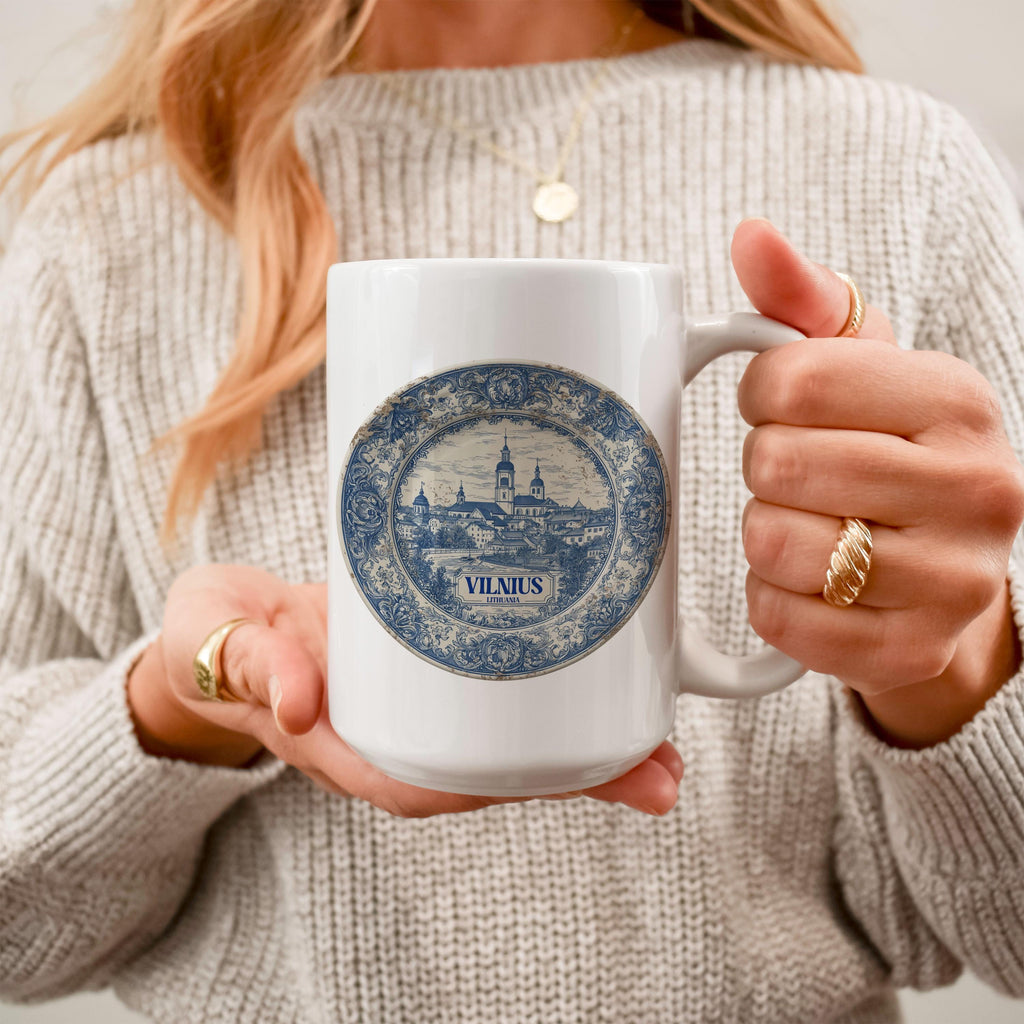 Vilnius Lithuania Mug, Custom Delft Style cup, Personalized Vintage Travel City Gift